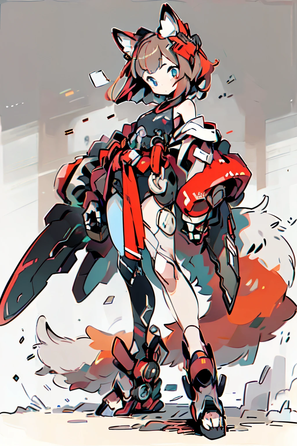 Masterpiece, intricate, anime style, full body, 1girl, rakkun, racoon girl, racoon ears, 1tail, fluffy tail, racoon tail, brown and light brown ringed tail, red and blue eyes blurred, short hair, red inner hair, brown hair, a strand of hair on the left side, red hair strips, short black shirt uncovered on the shoulders and with a black mesh with black borders up to the collar, polo shirt, short black skitr whit dark red checkered, black belt around the waist, looking at viewer, best quality, 4k,highres, professional art, professional drawing, professional lineart, outlined markers