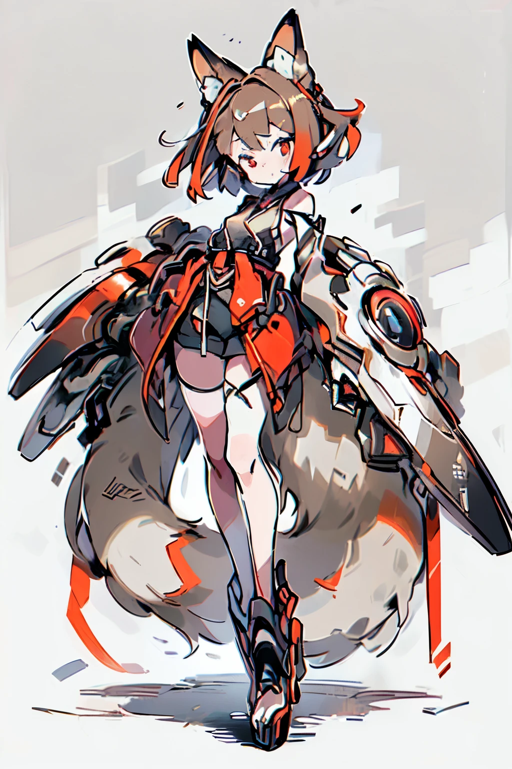 Masterpiece, intricate, anime style, full body, 1girl, rakkun, racoon girl, racoon ears, 1tail, fluffy tail, racoon tail, brown and light brown ringed tail, red and blue eyes blurred, short hair, red inner hair, brown hair, a strand of hair on the left side, red hair strips, short black shirt uncovered on the shoulders and with a black mesh with black borders up to the collar, polo shirt, short black skitr whit dark red checkered, black belt around the waist, looking at viewer, best quality, 4k,highres, professional art, professional drawing, professional lineart, outlined markers