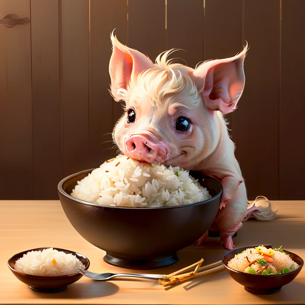 Little pig eats rice in various postures.