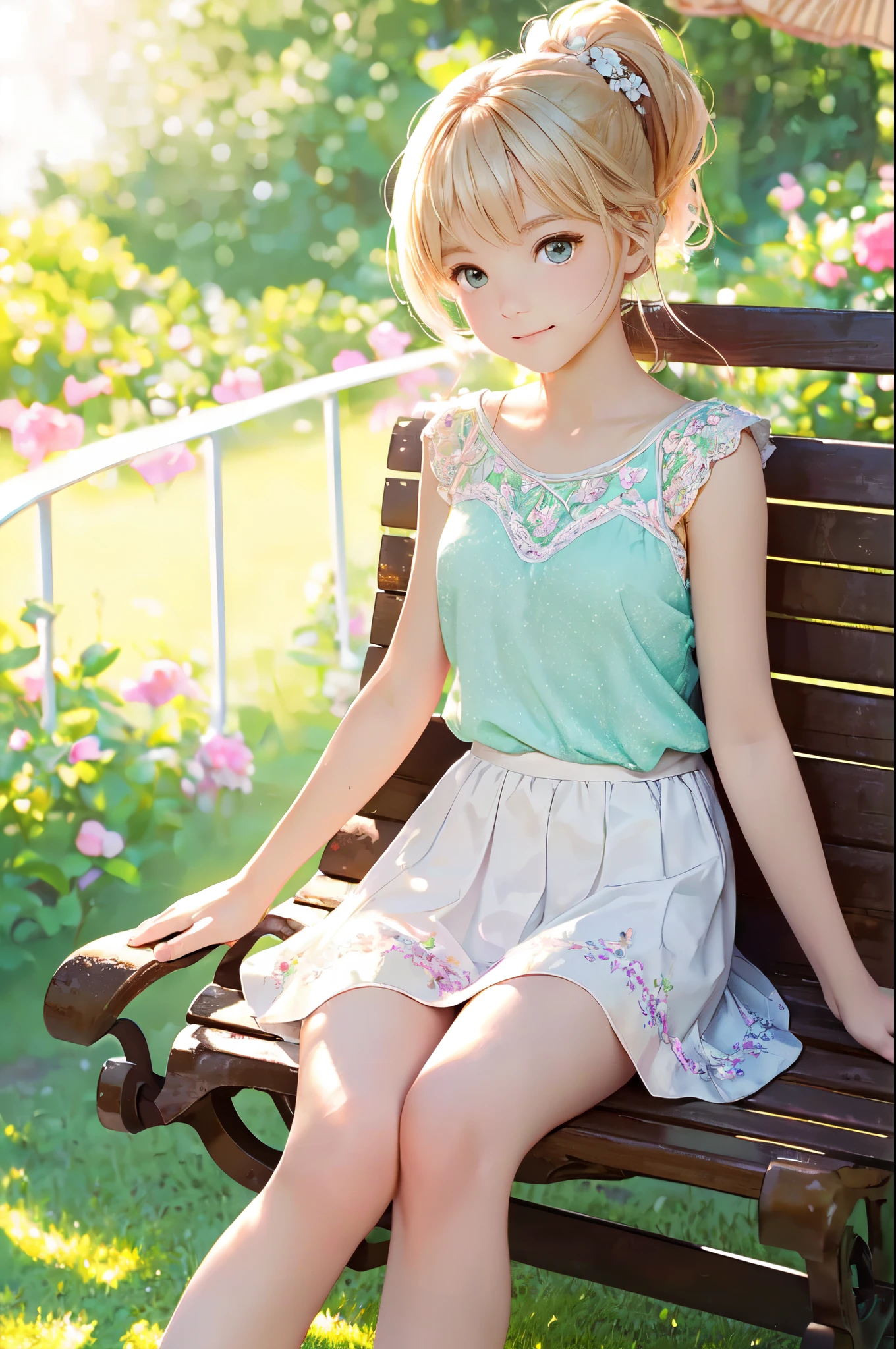(lovely,beautiful) girl,sitting on a bench,looking straight at camera,ponytail on the side,(bright sunshine:1.2),(pastel colors,soft colors),(dreamlike,whimsical),(sharp focus),(delicate and detailed face),sparkling eyes,rosy cheeks,(sweet smile),(natural beauty),(lush greenery,floral surroundings),(peaceful atmosphere),(colorful flowers in the background),(soft sunlight streaming through the leaves),(comfortable seating),(subtle shadow and highlights),(high-quality details and textures),(professional photography),(portrait),(vivid colors),(bokeh effect),(airy and light),(soft and natural lighting),(outdoor scene),(relaxed and calm mood),(serene expression),(gentle breeze),(sunny day),(harmony and balance) tank top, short skirt