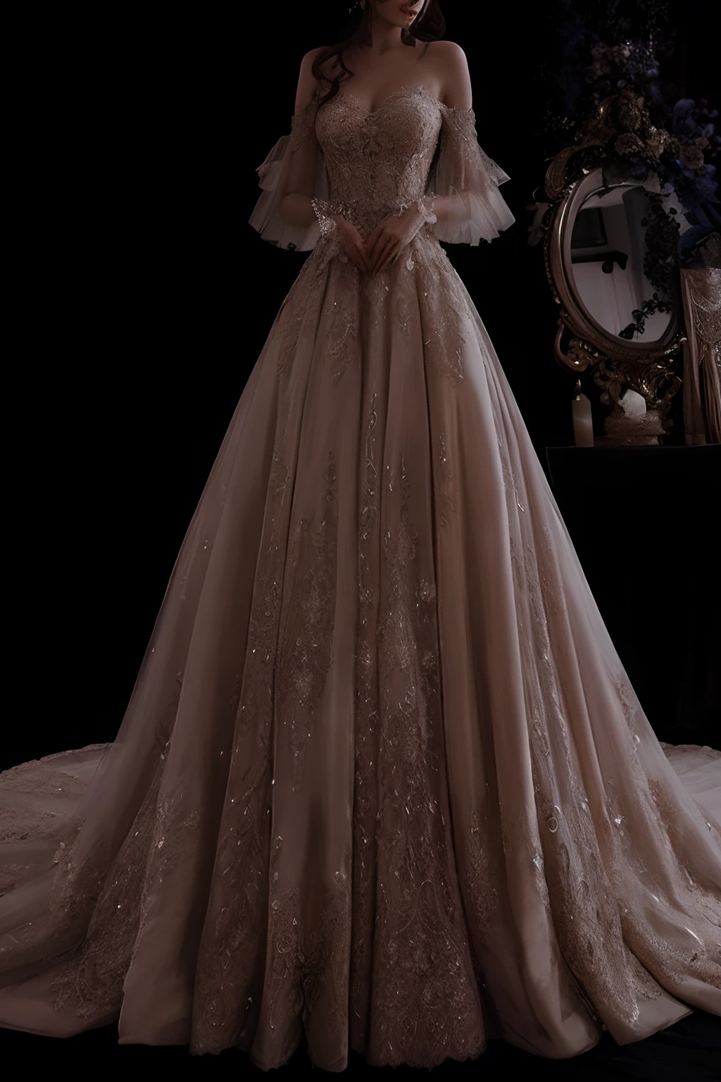 a woman in a wedding dress standing in front of a mirror, extravagant dress, dressed beautiful gown, magical dress, beautiful detailed elegant, intricate gown, ornate royal gown, fantasy long intricate gown, robe. extremely high details, fantasy dress, long flowing intricate dress, detailed dress, romantic gown, dreamy and detailed, expensive voluminous dress, long luxurious intricate gown