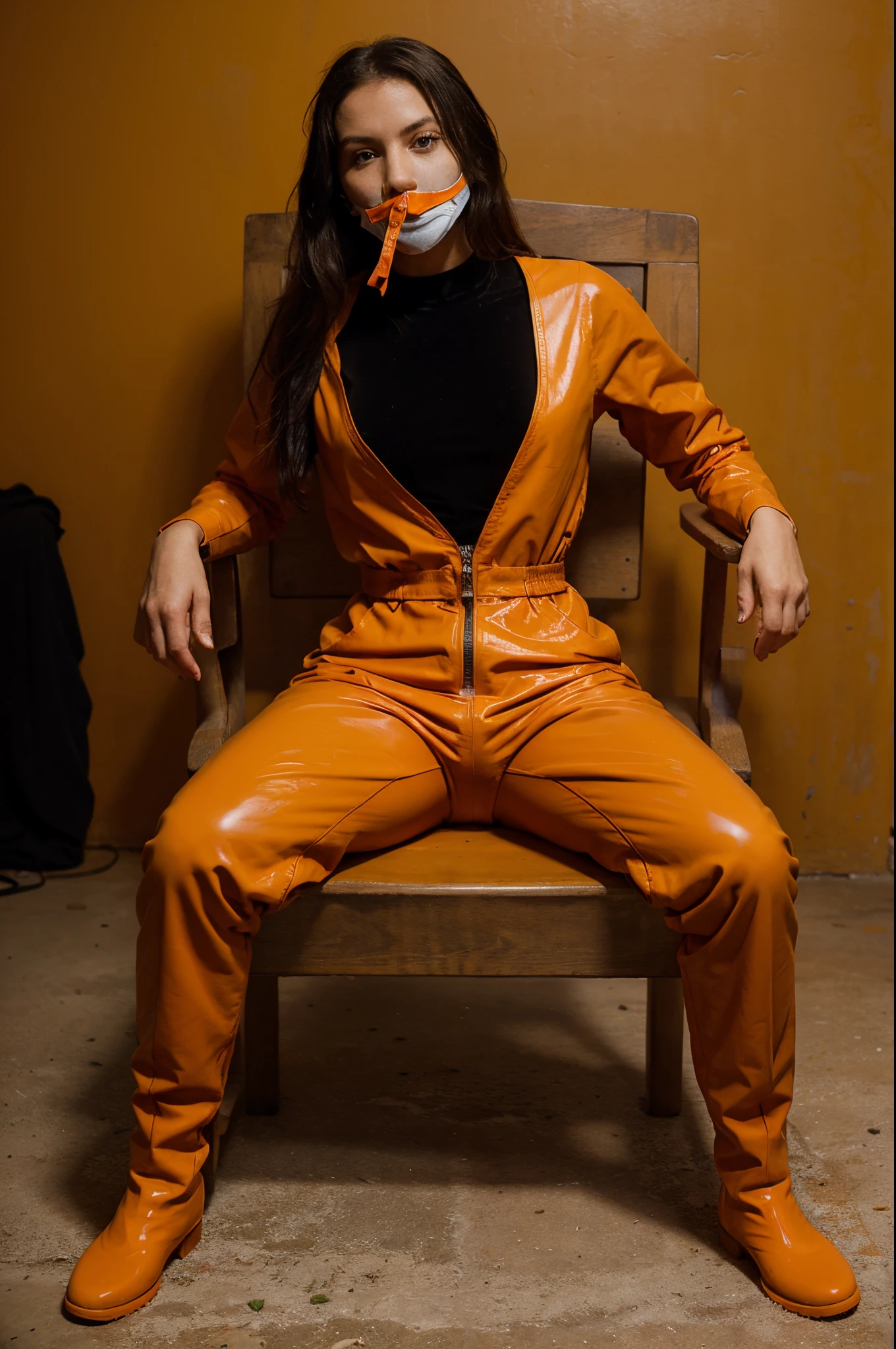 a girl bound and gagged on a chair, wearing an orange prison jumpsuit and black Hunter rubber boots