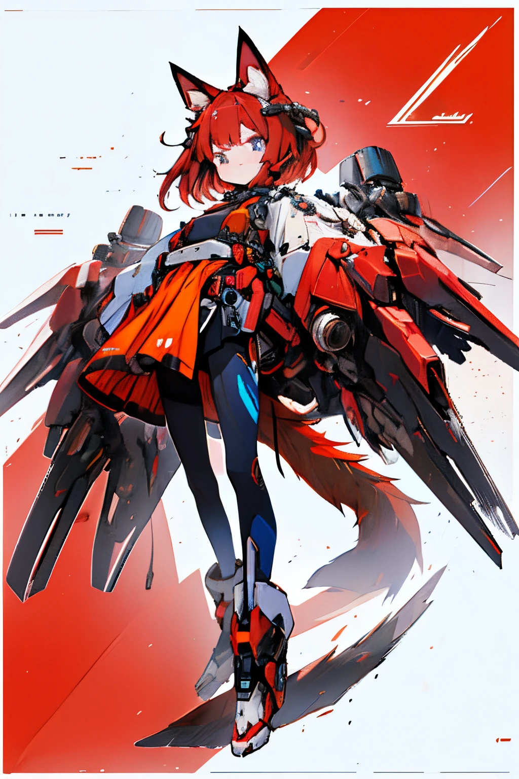 Masterpiece, intricate, anime style, full body, 1girl, rakkun, racoon girl, racoon ears, 1tail, fluffy tail, racoon tail, brown and light brown ringed tail, red and blue eyes blurred, short hair, red inner hair, brown hair, a strand of hair on the left side, red hair strips, short black shirt uncovered on the shoulders and with a black mesh with black borders up to the collar, polo shirt, short black skitr whit dark red checkered, black belt around the waist, looking at viewer, best quality, 4k,highres, professional art, professional drawing, professional lineart, outlined markers