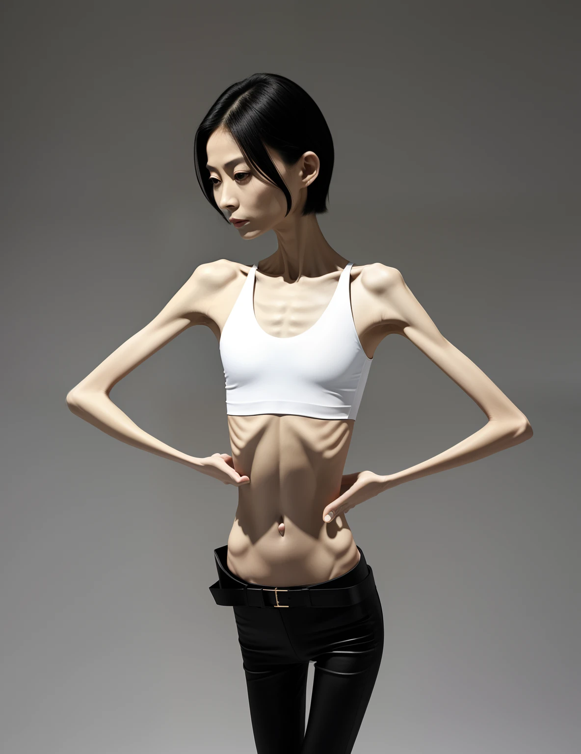 Very thin man, A thin body，Protruding sternum，The waist is very thin，The ribs are noticeable，Protruding ribs，The pelvic protrusion is very obvious，The pelvis is markedly elevated，Legs are just skin and bones，Fair skin，thin shoulde，The waist is very thin，Sunken abdomen，Delicate arms，hunger，sunken lower abdomen，Short hair details，Wear tight leather pants，Asia face，The waist is particularly thin，Cross your hands at your waist，angry look，Excessive weight loss，The face is sunken and thin，Severe malnutrition，Muscle atrophy，Incompetent men