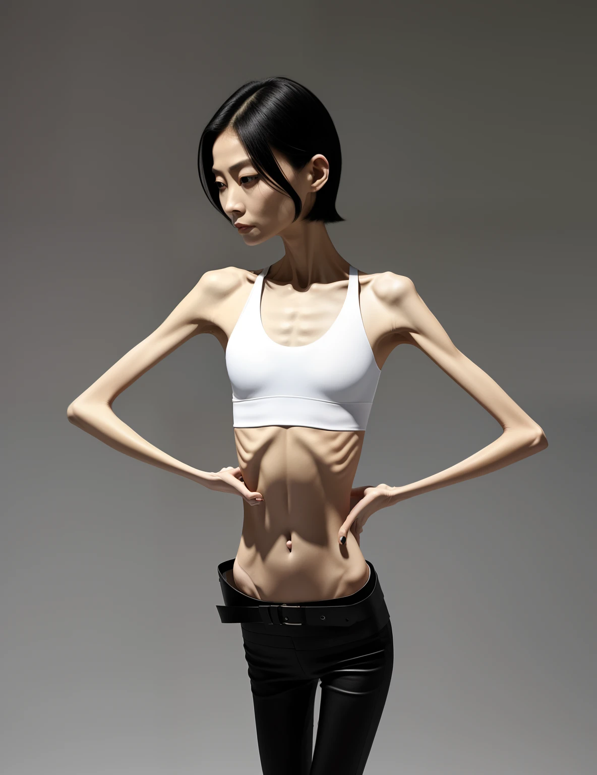 Very thin man, A thin body，Protruding sternum，The waist is very thin，The ribs are noticeable，Protruding ribs，The pelvic protrusion is very obvious，The pelvis is markedly elevated，Legs are just skin and bones，Fair skin，thin shoulde，The waist is very thin，Sunken abdomen，Delicate arms，hunger，sunken lower abdomen，Short hair details，Wear tight leather pants，Asia face，The waist is particularly thin，Cross your hands at your waist，angry look，Excessive weight loss，The face is sunken and thin，Severe malnutrition，Muscle atrophy，Incompetent men