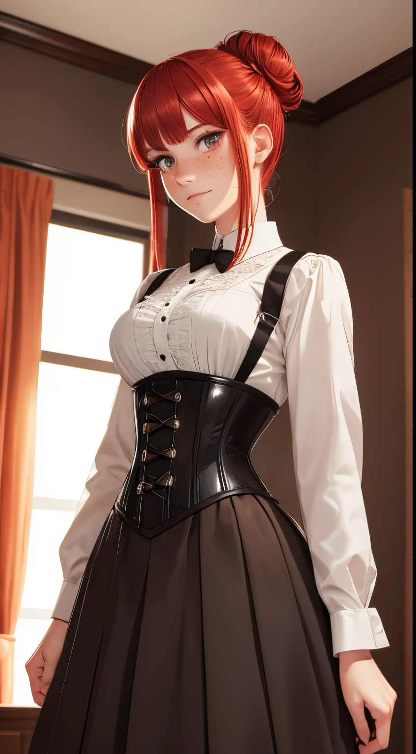 highly detailed, skindentation, pale woman with freckles, detailed face, ultra cute face,big chest, slim, red hair, hair bun, bangs, blushing, dress shirt, corset, skirt, dark bedroom, masterpiece, best quality, perfect anatomy, highres, detailed, 1girl, smug, full body