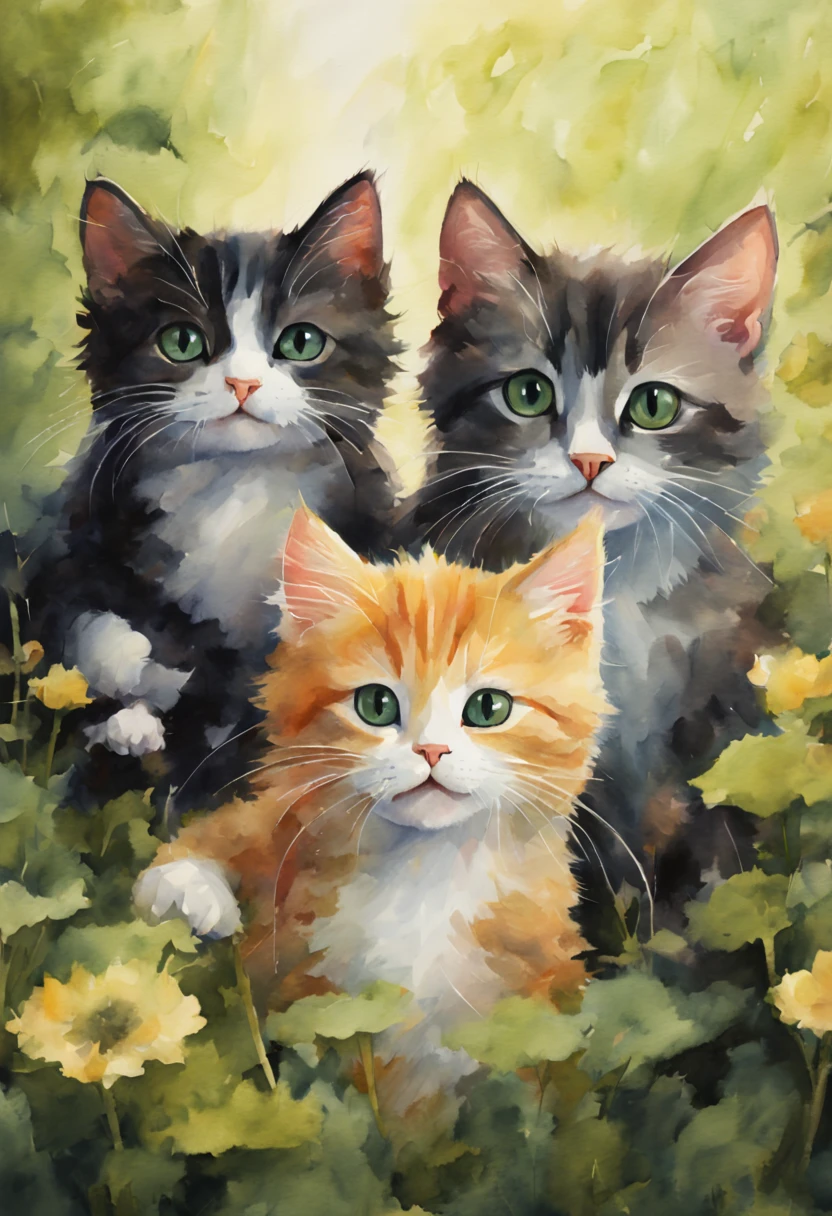 A WATERCOLOR PAINTING OF A group of adorable cats in the style of Kim Haskins, 8K OCTANE RENDER, ARTGERM, HDRI.