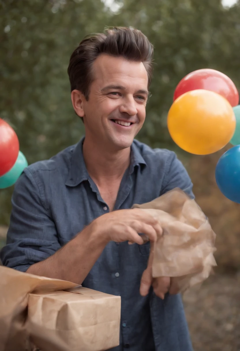 A photo of Chandler dressed as a clown, juggling colorful balls,Friends TV Show,Chandler Bing, a character from the popular TV sitcom “Friends,” has a lean build and a boyish appearance, often characterized by his short, neatly styled hair and a sarcastic smile. His fashion is typically casual and unassuming, reflecting his laid-back and somewhat self-deprecating personality.