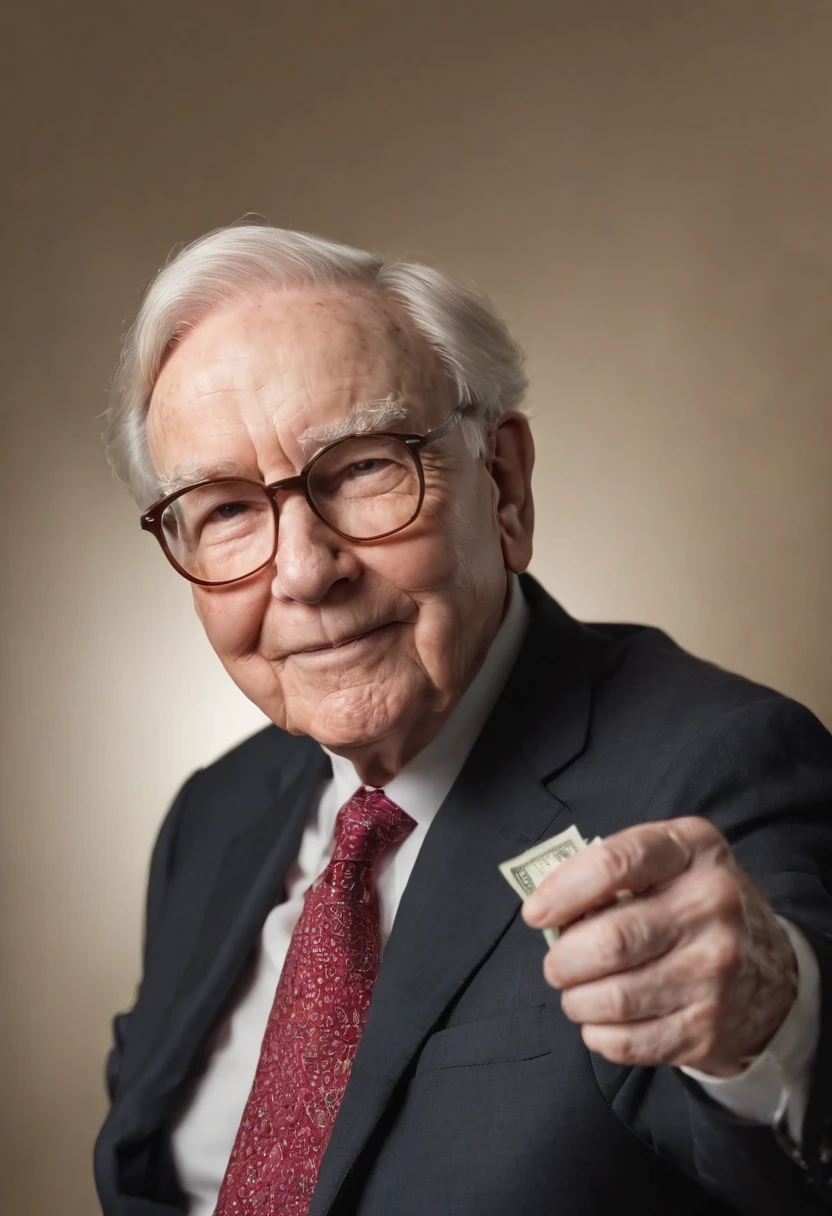 Warren Buffett is in front, with a serious and intense expression, making a gesture of silence (index finger on his lips). It is illuminated by a striking blue neon light that casts dramatic shadows, creating a powerful and mysterious atmosphere. The background is dark, further emphasizing Warren Buffett's blue glow.