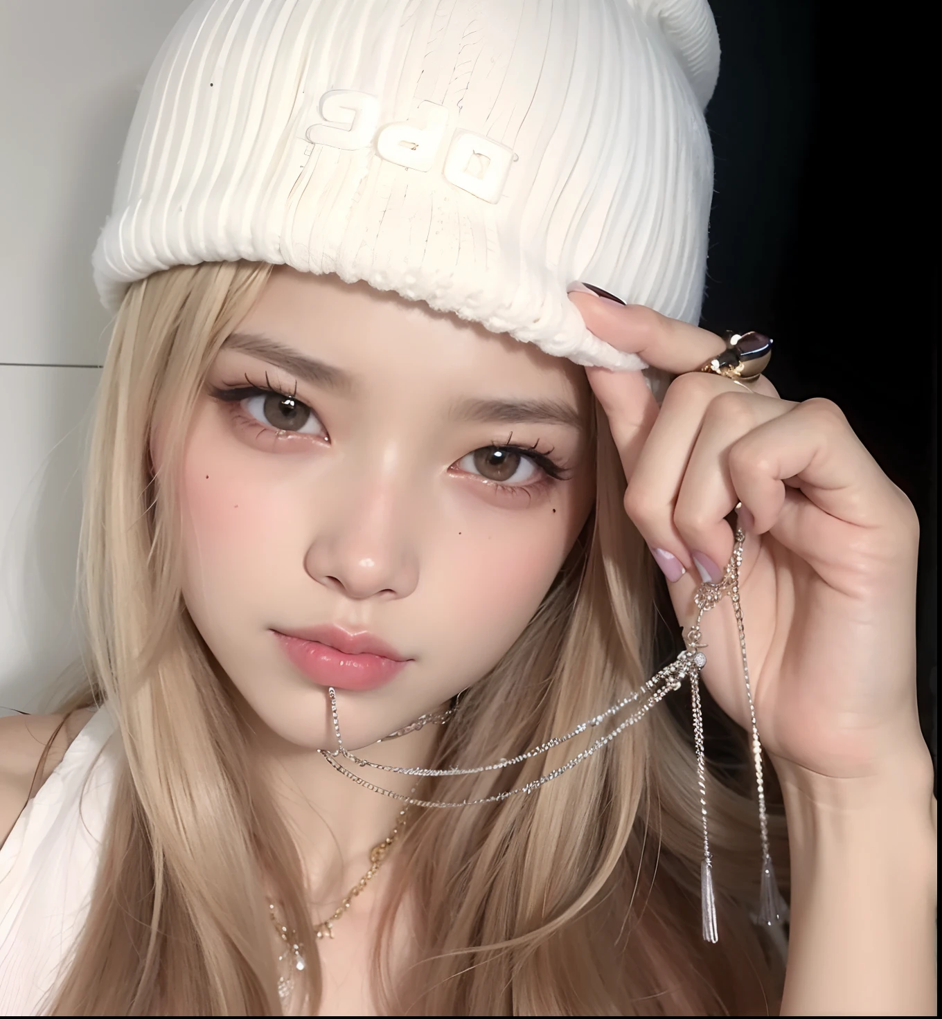 a close up of a person wearing a hat and a necklace, Parque Roseanne do Blackpink, jossi do blackpink, jennie blackpink, Retrato de Jossi de Blackpink, Lalisa Manoban do Blackpink, Ulzzang, wearing a chocker and cute hat, Jisoo do Blackpink, com cabelos longos brancos, Lalisa Manobal, jisoo do blackpink