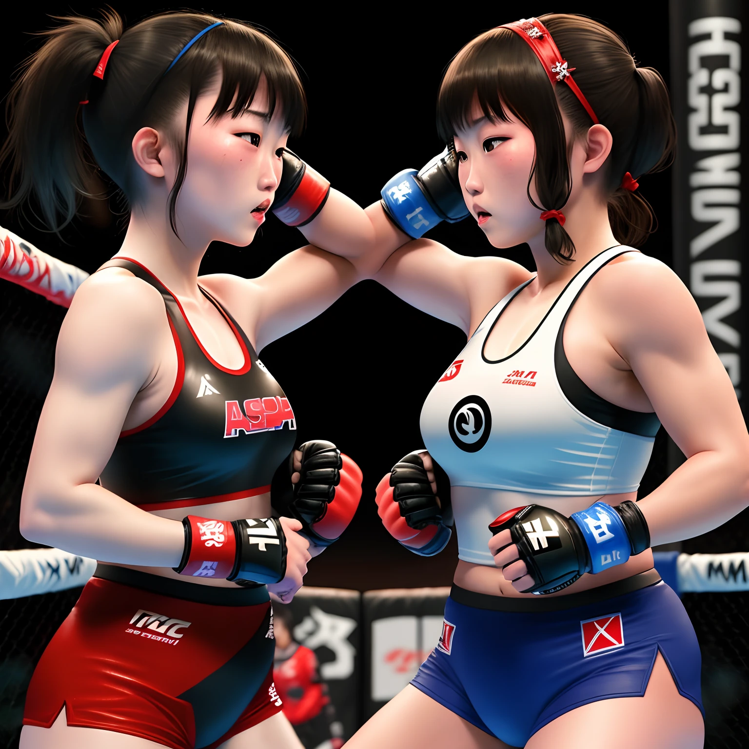 Beautiful woman、 ((Open Finger Gloves, Five Fingers)), (((Women&#39;s Mixed Martial Arts, Martial Arts)))、Fighter、Professional wrestler、Brown Skin、Rin々Funny face、Fighting Pose、One Woman、Pro Wrestling Love