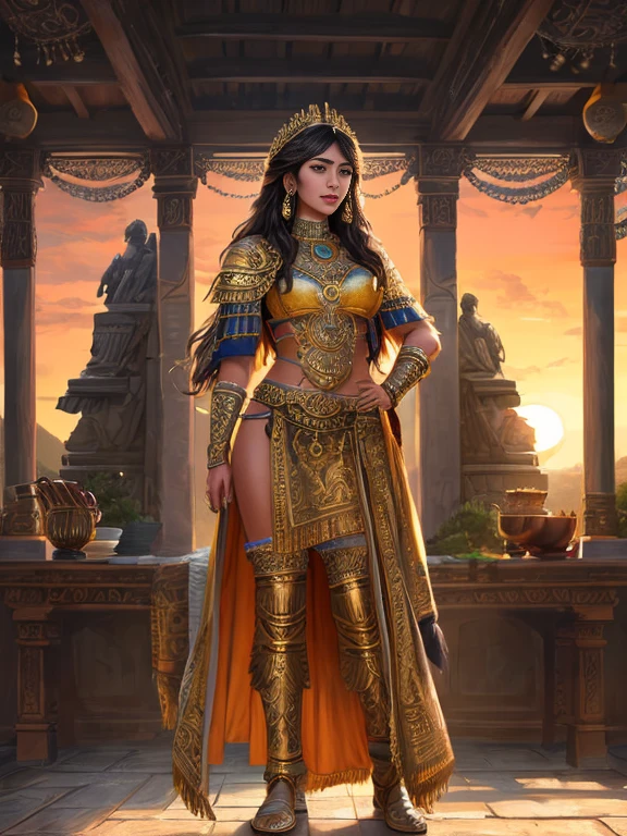 RAW photo, Dichen_Lachman, 8k UHD, DSLR, soft lighting, high quality, film grain, high quality Fujifilm XT3, 4k, Highly detailed, 1woman, (Highly detailed skin), sunrise, outside, splendid, (realistic face), serious look, (full body), aztec armor, (dramatic), (ornate details), (perspective), (depth of field), complex background, photorealistic, realistic, forest, dinosaurs