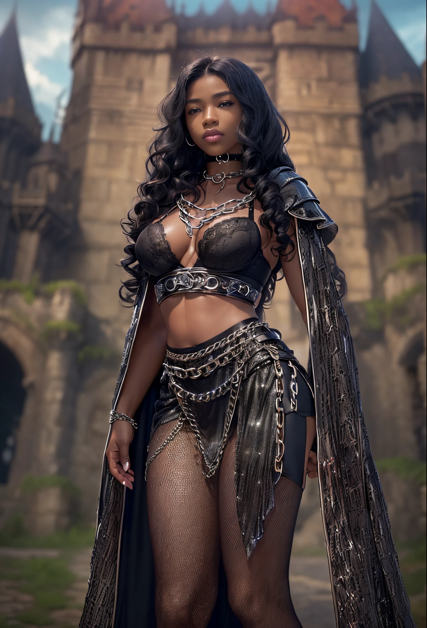 ((18-year-old))), black girl, (((light skin))), (((full body pose))),  (((long curly black hair))), (((wearing tight chainmail micromini skirt, chainmail bra, open front cloak))), (((seamless black, pantyhose))), (((submissive))), (((metal choker))), (((dark castle in the background))), dark fantasy, Rich, Deep Colours, (intricate details:0.9), (HDR, hyper-detailing:1.2), (natural skin textures, hyper realisitc, glistening skin, soft light, Sharp),