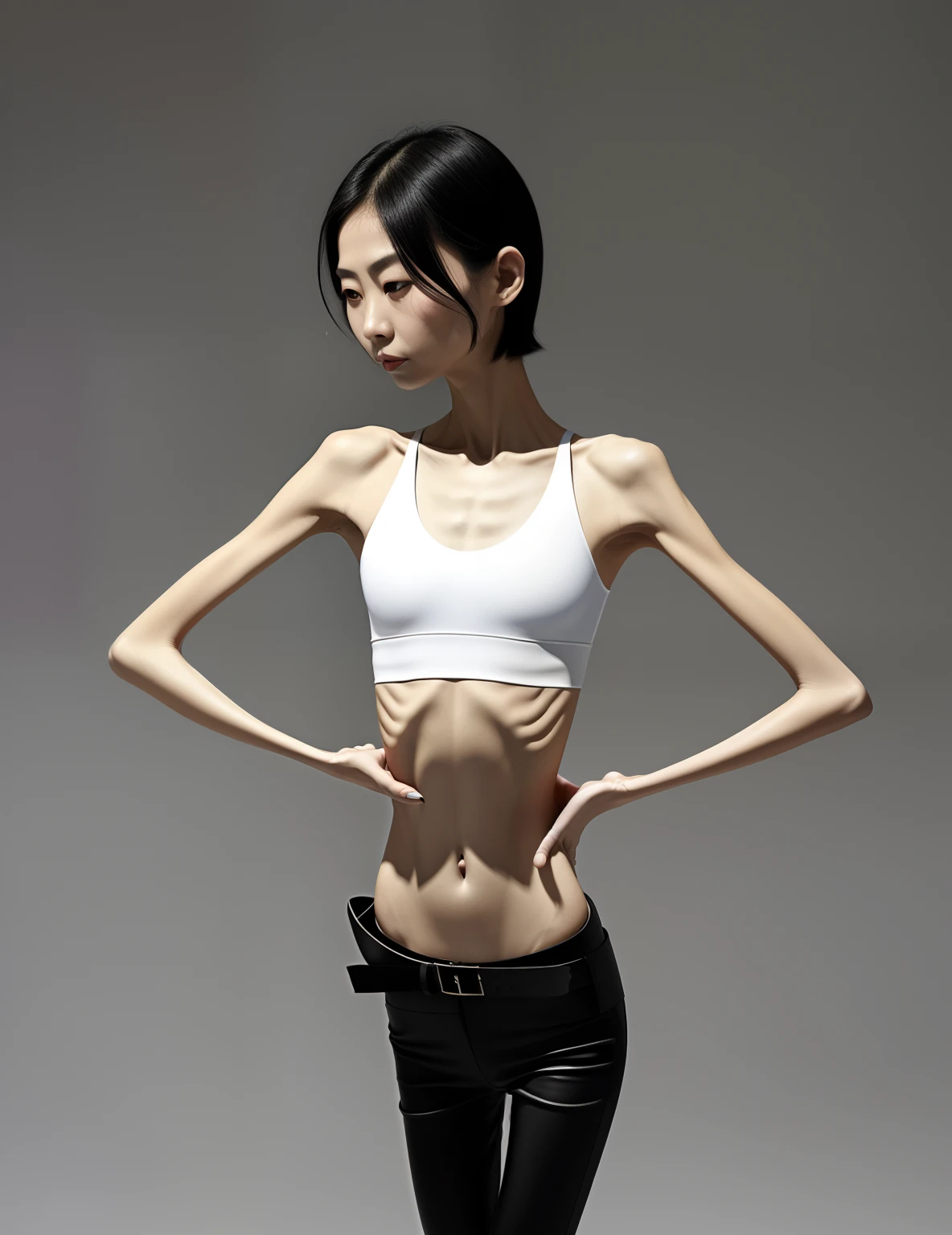 Very thin people, A thin body,Protruding sternum,The waist is very thin,The ribs are noticeable,Protruding ribs,The pelvic protrusion is very obvious,The pelvis is markedly elevated,Legs are just skin and bones,White skin of the,thin shoulde,The waist is very thin,Sunken abdomen,Delicate arms,hunger,The lower abdomen is depressed,Short hair details,Wear tight leather pants,Asia face,The waist is particularly thin,Cross your hands at your waist,angry look,Excessive weight loss,The face is sunken and thin,Severe malnutrition,Muscle atrophy,Incompetent men