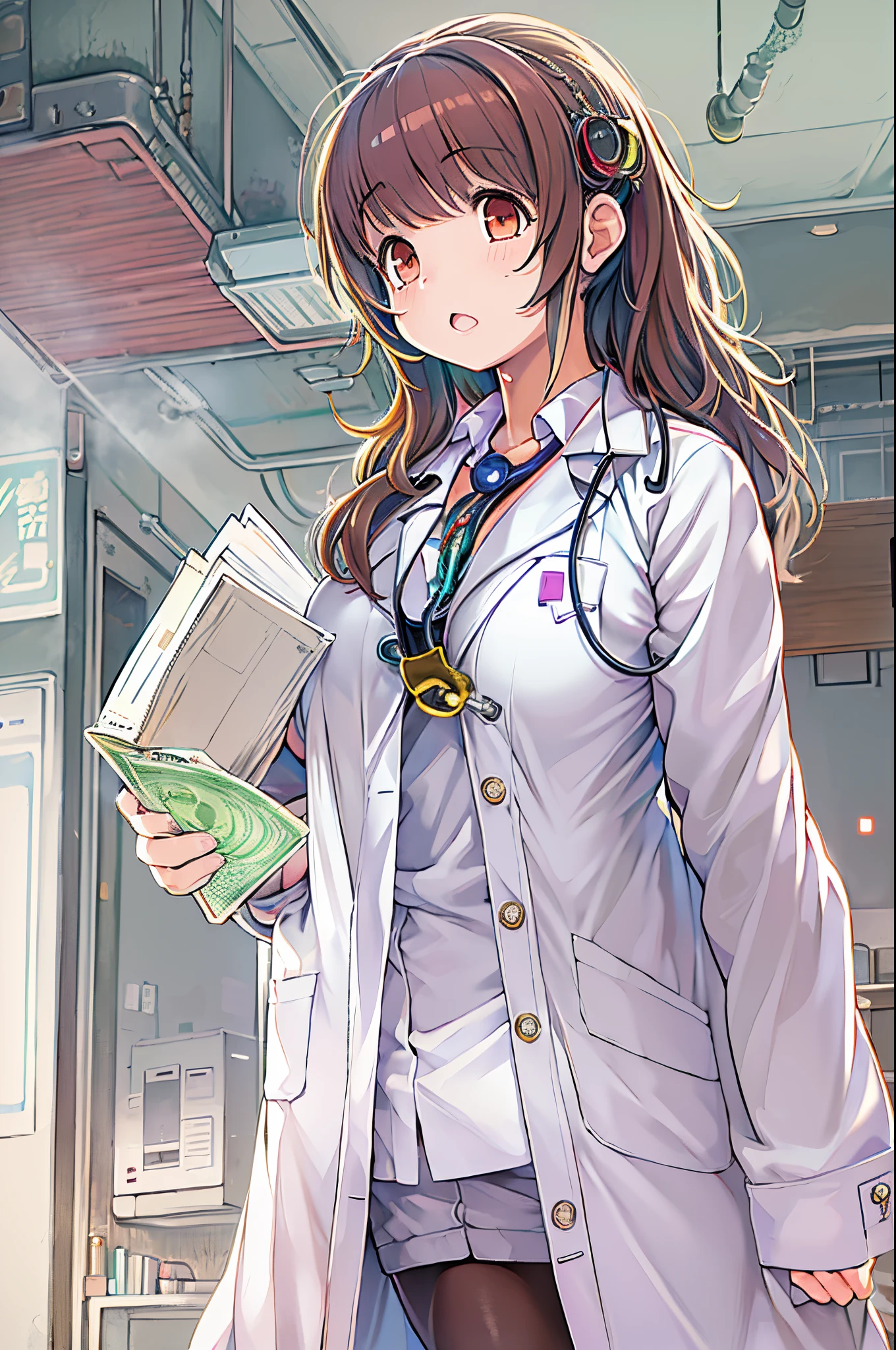(Best Quality, masutepiece: 1.1), 1 girl、Anime character wearing a white lab coat, Smooth Anime CG Art, with white coat, wearing a white hospital gown, wearing lab coat and a blouse, With a stethoscope, doctor, makoto shinka, wearing lab coat, (doctor), By Shinkai Makoto. a digital rendering, stethoscope!, photorealistic anime girl render、huge-breasted、bbw