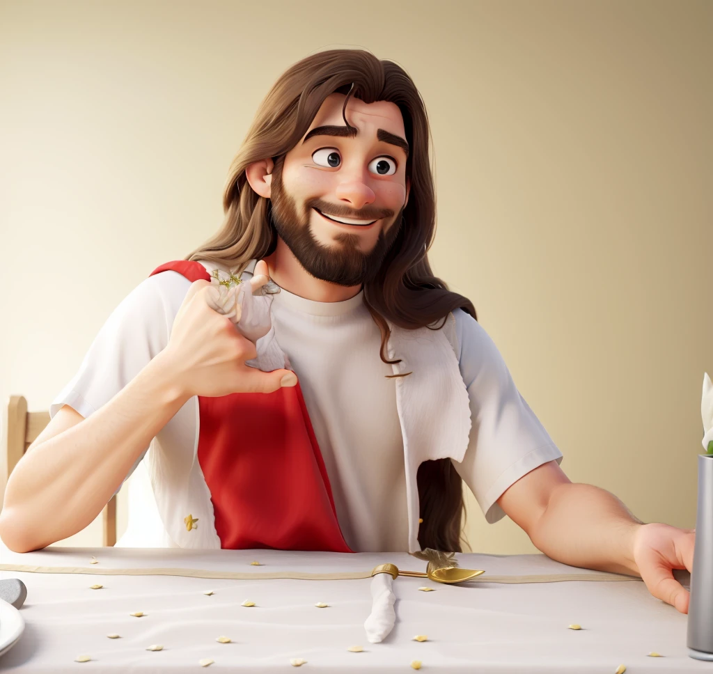 Obra-prima, de melhor qualidade, a young man with long hair dressed as Jesus, sentado servindo a mesa, sentado para o jantat como se fosse a santa ceia, olhos gentis, sorridente, red tunic and white clothes
