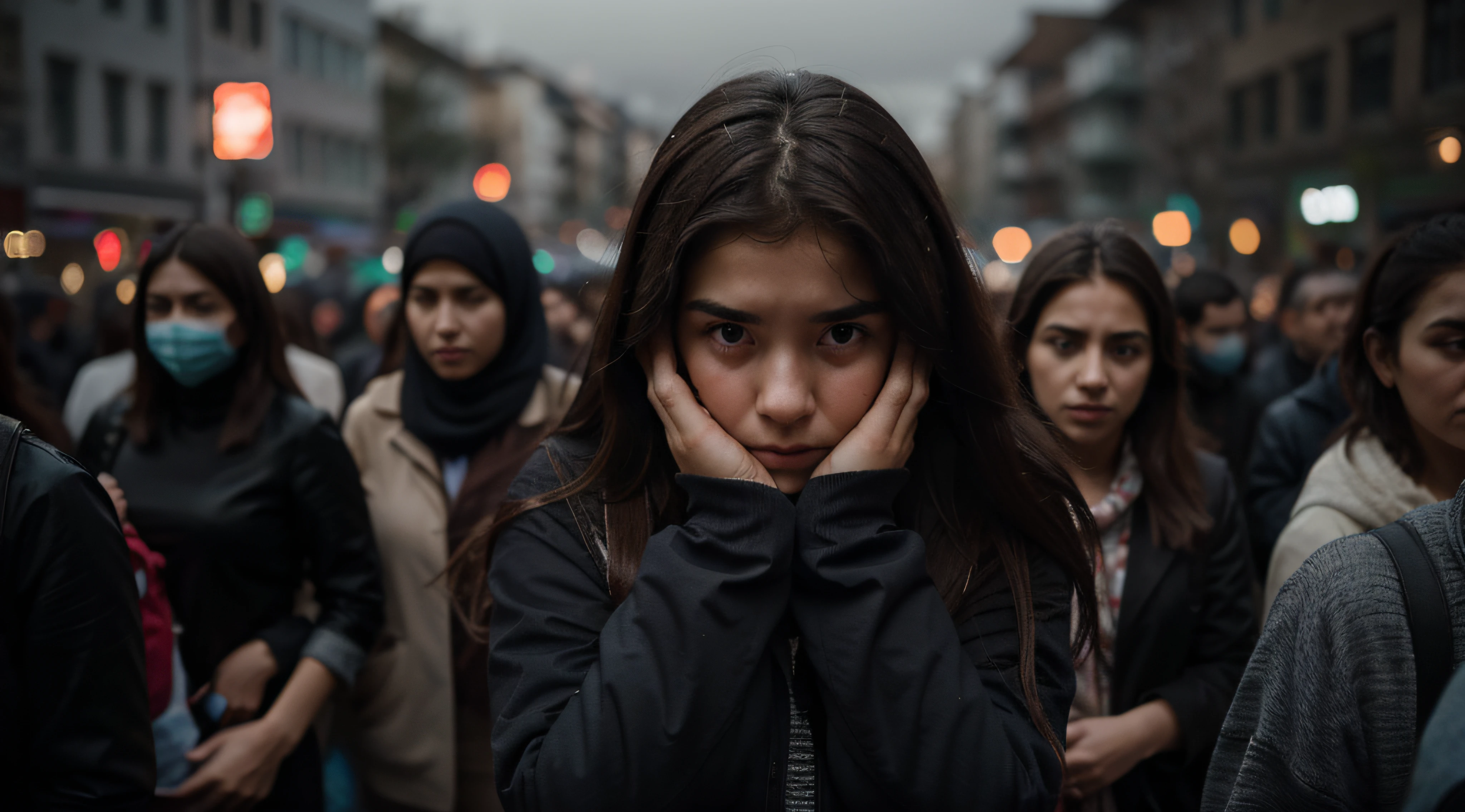 a girl lost among many people, the girl covers her face with her hands, she's scared., people are moving and look out of focus, clima lluvioso, plano frontal, 8k, realista, diurno