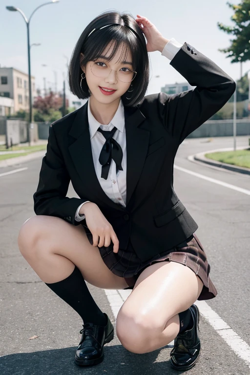 8K RAW photo, high resolution, ful body, 17 year old cool Korean, big round breasts, school uniform, tie, tie ribbon, blazer, skirt, beautiful eyes in detail, long eyelashes, beautiful double eyelids, eye shadow, slit eyes, sanpaku eyes, dark eye makeup, smile, teeth, happy face, beautiful thin legs, ((black underknee socks)), black hair, straight bob hair, white hairband, round earrings, playground background, geek glasses, squating, black panties, dark brown leather school shoes, legs, feets,