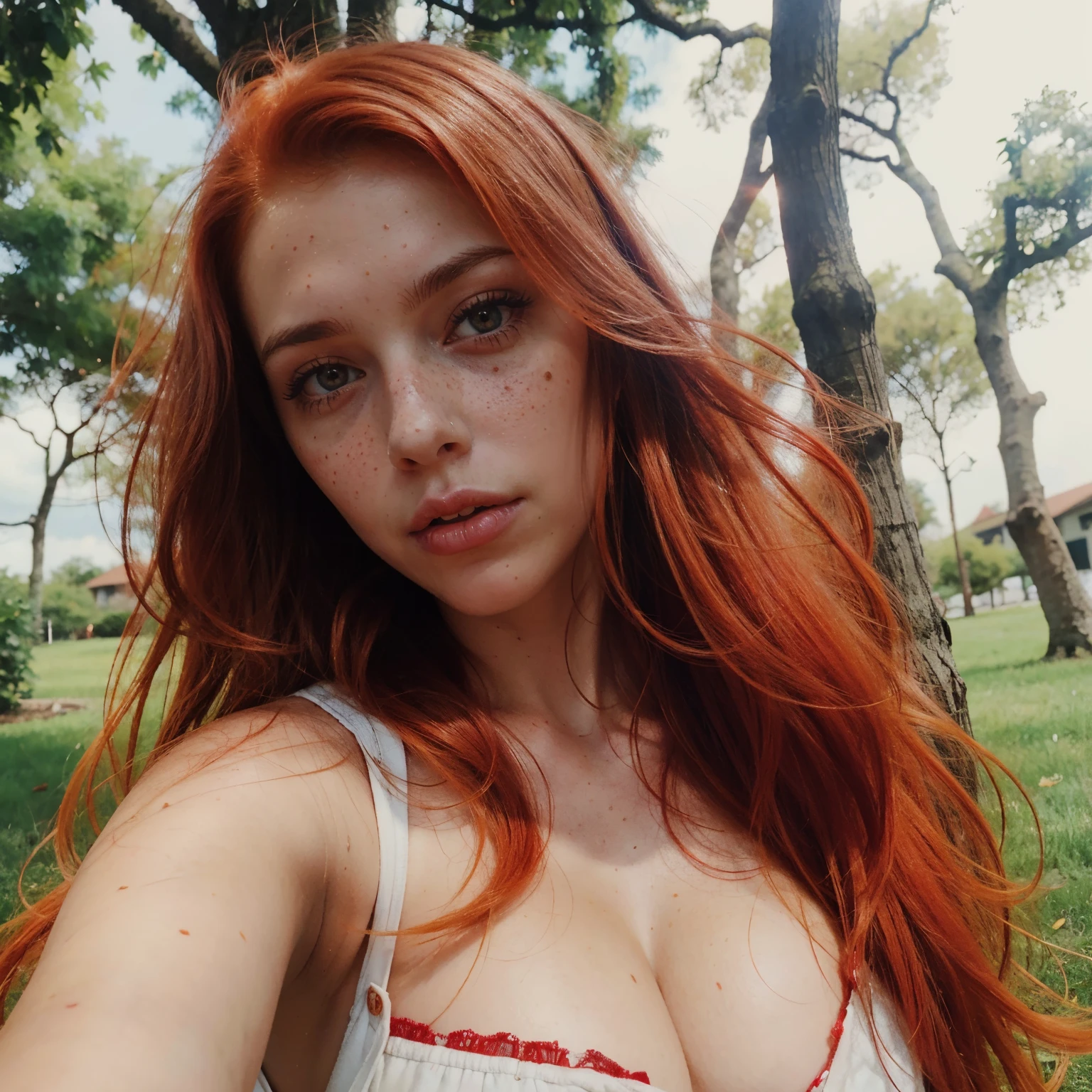 photo on old phone, polaroid filter,  with red hair , Sexy young woman. Very cute girl with lovely big eyes and beautiful plump lips. , a bit like Scarlett Johansson and Milla Jovovich, when she was younger, Juicy figure, big breastes, wide thighs, takes a selfie on the phone in front of a tree, red hair and freckles, red hair with freckles,