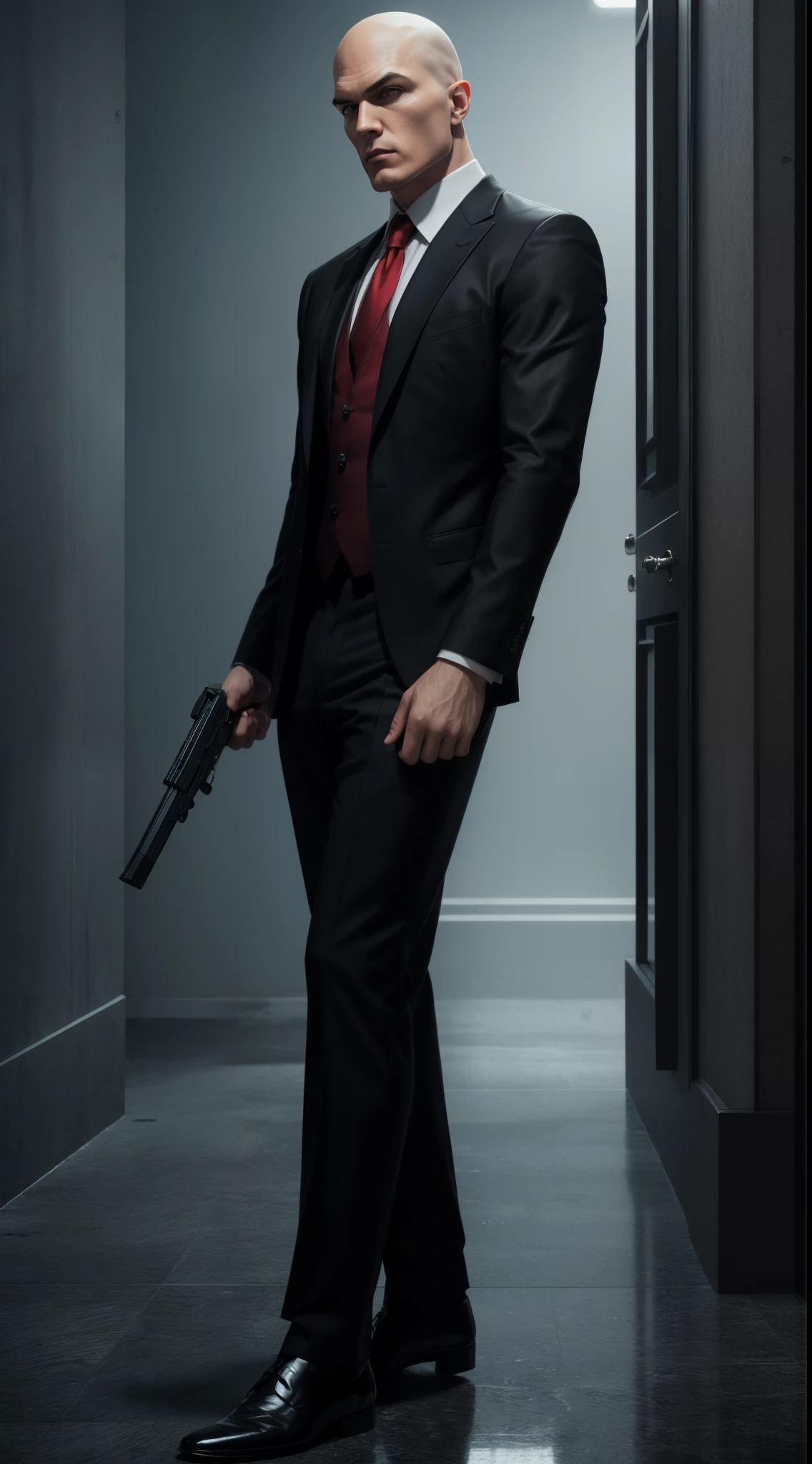 Agent 47, hitman, suit and tie, red tie, full body shot