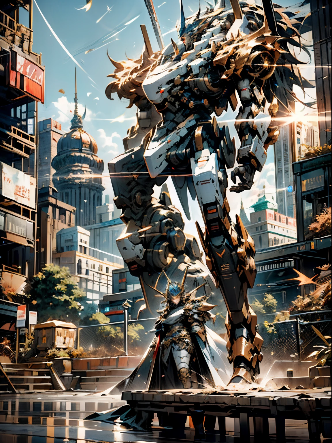 figure or robot in armor, in the style of photorealistic fantasies, 32k uhd, dark, red, intricate patterns and details, aurorapunk, dark black and bronze, unreal engine 5, Cool post pose, Gigantic Sword with High Technology hold in right hand, Flying, City Burning.