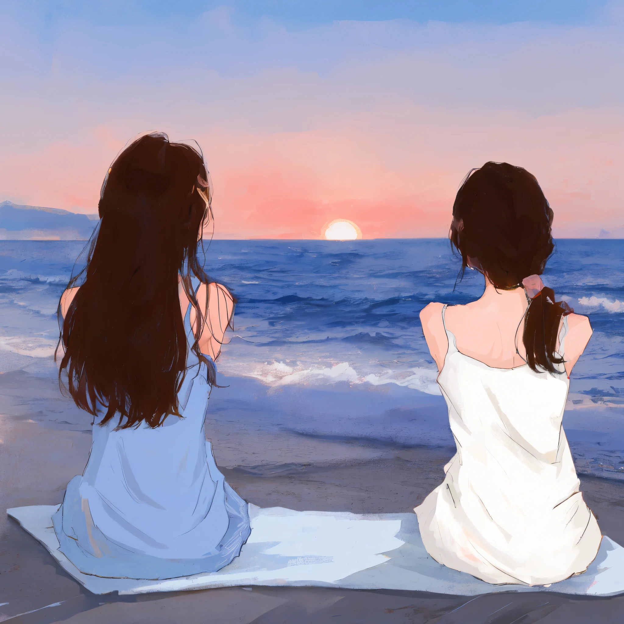 Painting of two women sitting on the beach watching sunset, Watching the sun set. japanese manga, watching the sunset, watching the sunset, , Looking at the sea, With the setting sun, on the beach during sunset, The sea is choppy,sky dusk colors