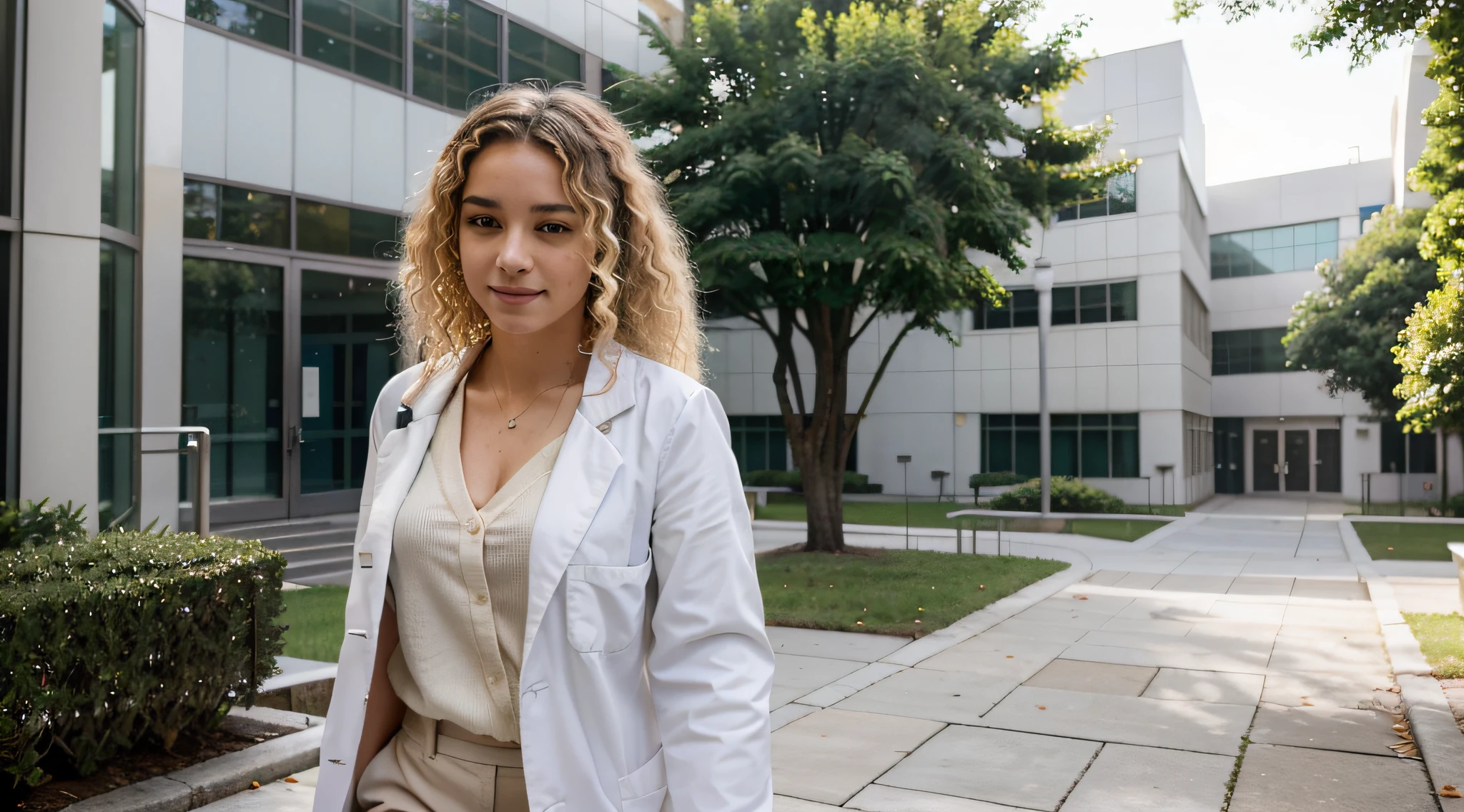 Picture a Brazilian medical student walking through the pristine and modern campus of the university's medical school. She's dressed in medical scrubs with a white coat, her blonde, curly hair adding a touch of vibrancy to the scene. Gracefully moving across the campus, the student exudes professionalism.

The surroundings are immaculate, emanating an air of order and organization befitting a prestigious medical institution. The sun shines, casting a warm and inviting glow over the scene. The student, donning a white blouse underneath her white coat, exudes optimism in this academic setting.

I hope this meets your specifications!