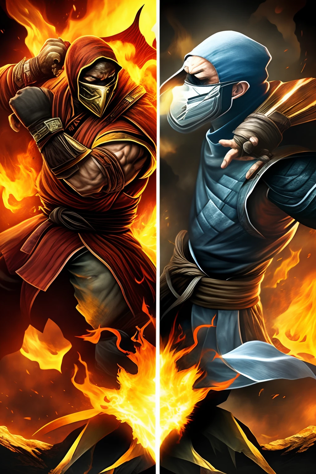 Scorpion de mortal kombat vs ken de street fighters en el infierno.
