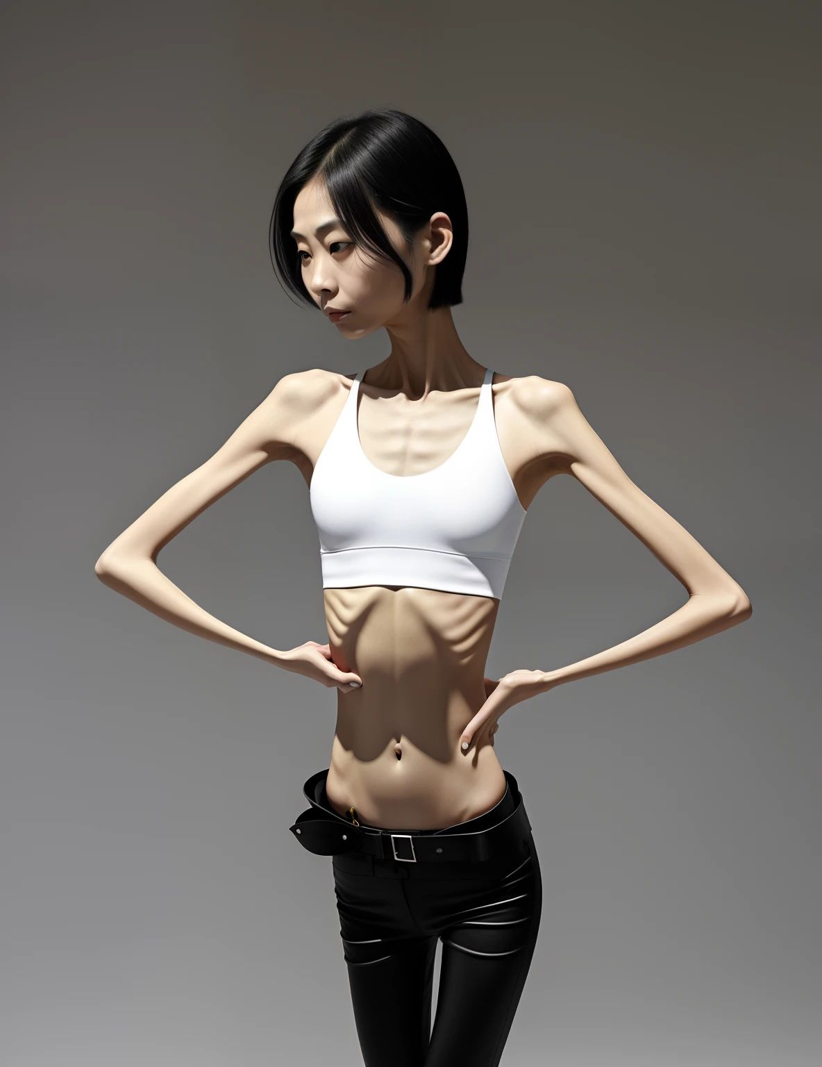 Very thin people, A thin body,Protruding sternum,The waist is very thin,The ribs are noticeable,Protruding ribs,The pelvic protrusion is very obvious,The pelvis is markedly elevated,Legs are just skin and bones,White skin of the,thin shoulde,The waist is very thin,Sunken abdomen,Delicate arms,hunger,The lower abdomen is depressed,Short hair details,Wear tight leather pants,Asia face,The waist is particularly thin,Cross your hands at your waist,angry look,Excessive weight loss,The face is sunken and thin,Severe malnutrition,Muscle atrophy,Incompetent men