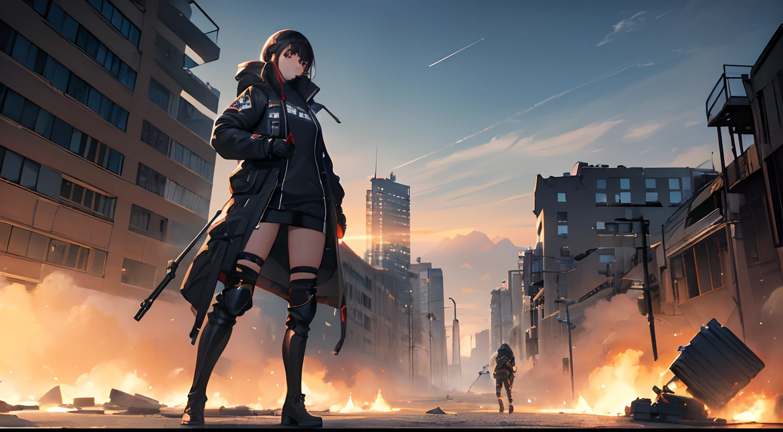 ((hiquality)), ((Masterpiece)), 8K, 2girls, bodyarmor, light beams, extremely detailed CG unity 8K wallpapers, game cg, looking a viewer, gloves, knee boots, full - body, watch, computer, mask, drone, holding weapon, earphones, jacket, (The background of the ruined city , explosion , Smoke