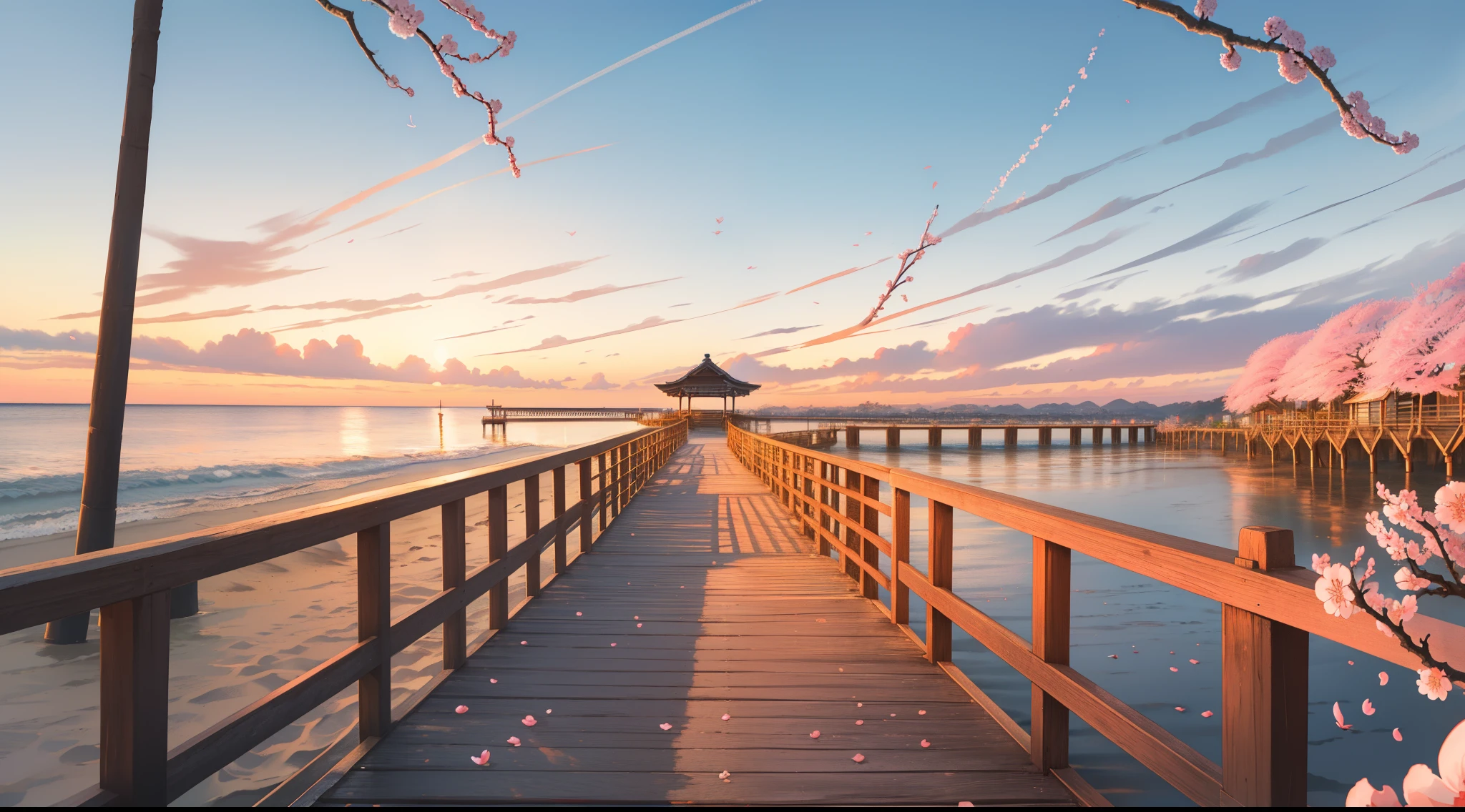 BACKGROND PICTURE , arafed wooden walkway leading to beach with birds flying over the water, boardwalk, cherry blossom flowers, cherry blossom trees, going forward to the sunset, summer setting, road to the sea, stairway to heaven, leading to a beautiful, sunset at the beach, at the beach on a sunset, leading to the sky, beautiful scenery, morning golden hour, beach landscape, day setting, wooden bridge, pathway