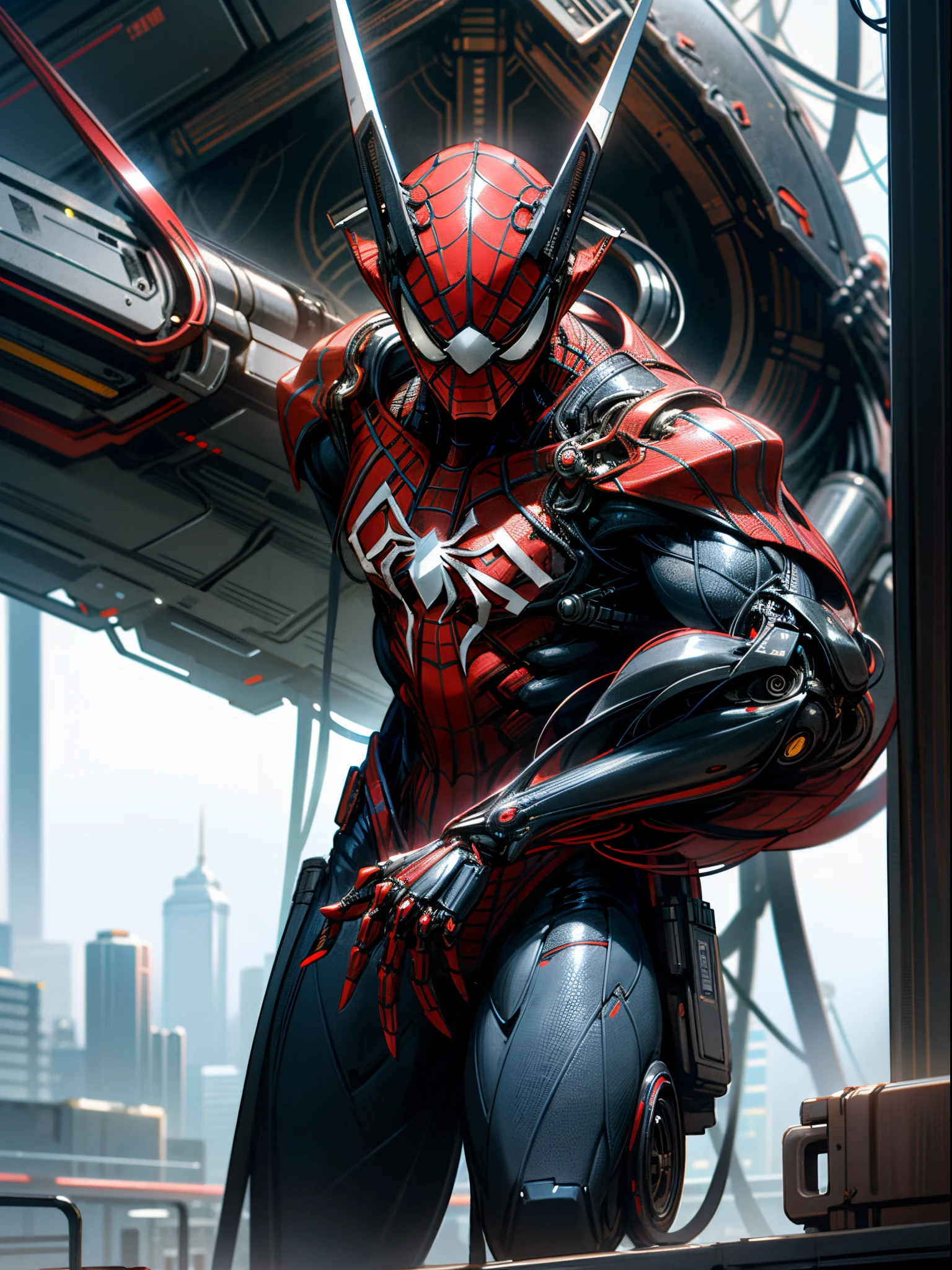 (extremely detailed 8k wallpaper), Close-up (futuristic Spiderman From Marvel 1.3) emerging from the the futuristic world, extremely detailed, volumetric lighting Dark_Fantasy,Cyberpunk,(saw, Red:1.1),1man,Mechanical marvel,Robotic presence,Cybernetic guardian, dark colours.