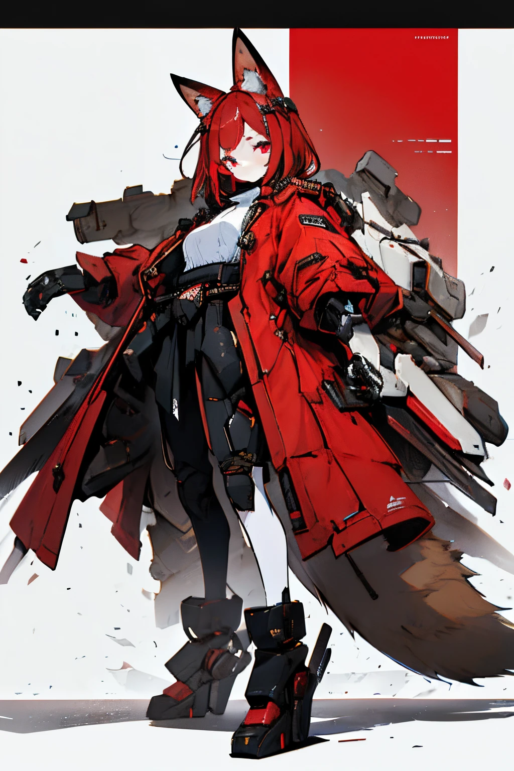 Masterpiece, intricate, anime style, full body, 1girl, rakkun, racoon girl, racoon ears, 1tail, fluffy tail, racoon tail, brown and light brown ringed tail, red and blue eyes blurred, short hair, red inner hair, brown hair, a strand of hair on the left side, red hair strips, short black shirt uncovered on the shoulders and with a black mesh with black borders up to the collar, polo shirt, short black skitr whit dark red checkered, black belt around the waist, looking at viewer, best quality, 4k,highres, professional art, professional drawing, professional lineart, outlined markers