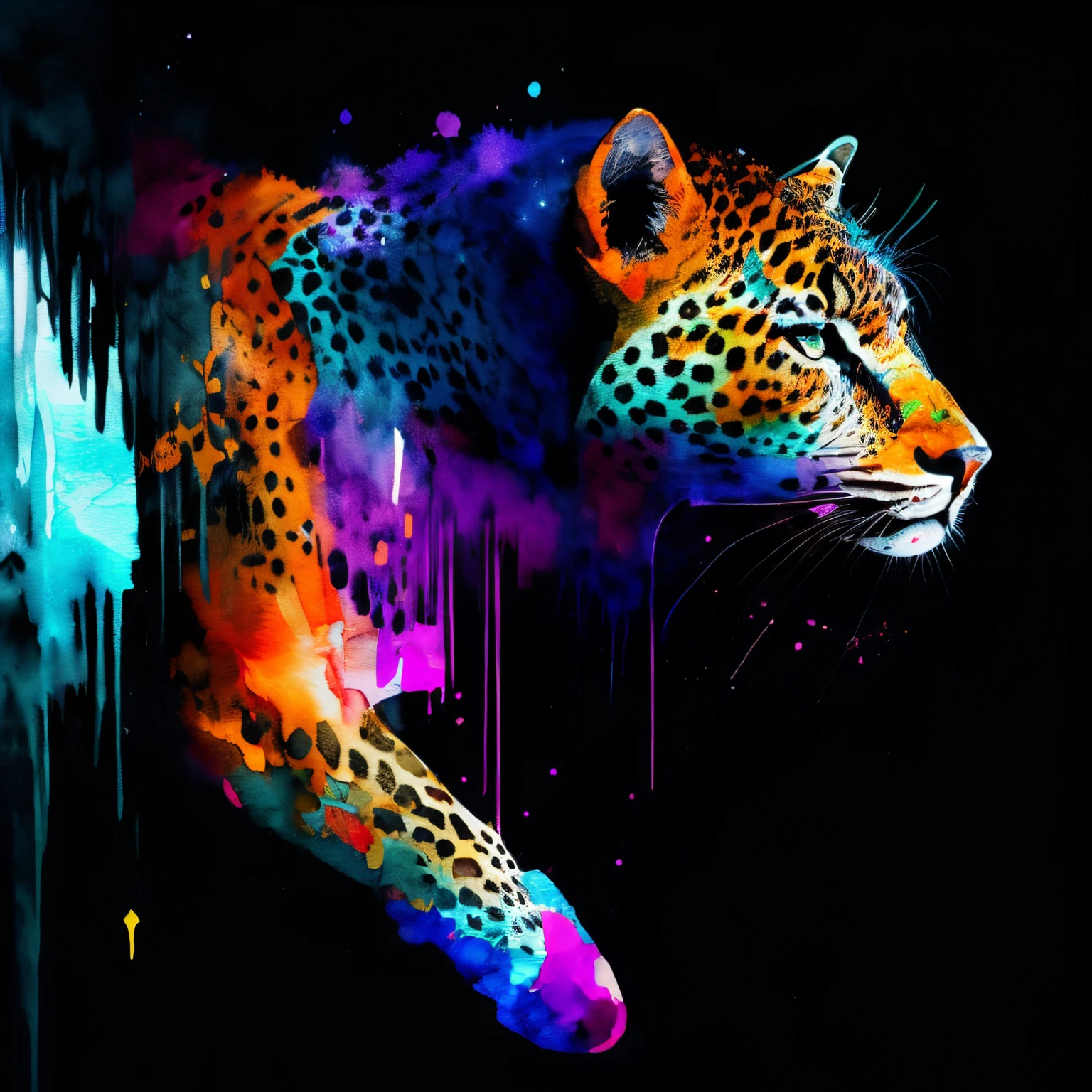 wtrcolor style, Digital art of a leopard face, official art, masterpiece, Beautiful, ((watercolor)), paint splatter, intricate details. Highly detailed, detailed, [dripping:0.5], Trending on artstation, by Rachel Walker, looking like a real painting, centered, frontal, animal, vibrant colours, detailed eyes, paint dripping, black canvas, centered, brush strokes, looking straight in the camera, extra paint splatters, facing the front, a lot of paint dripping