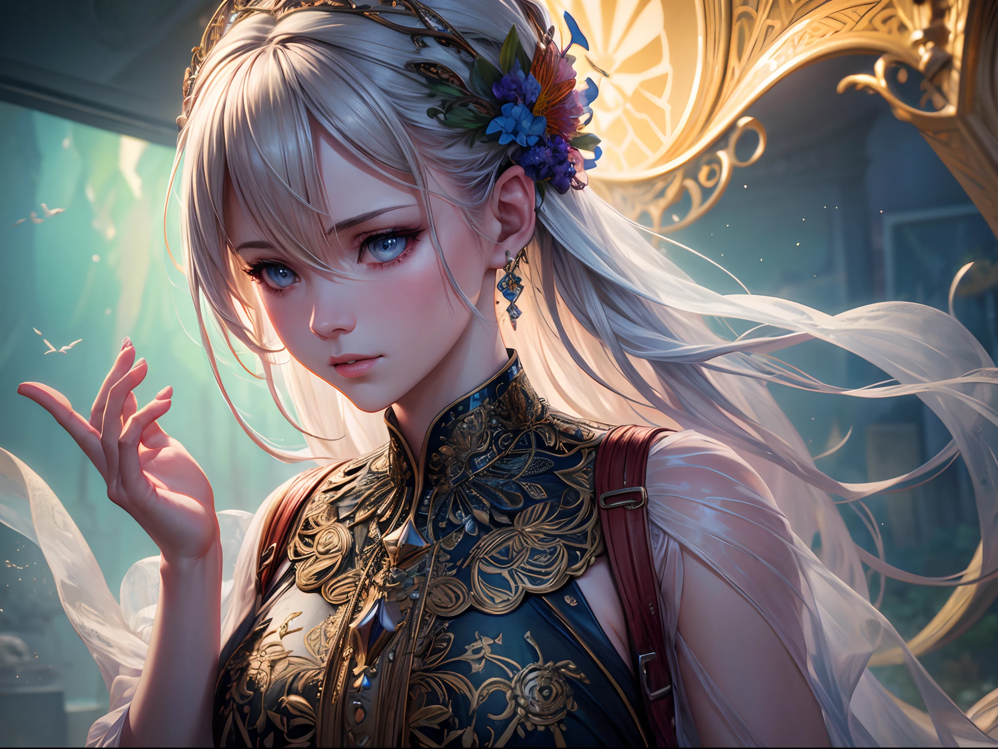 Ethereal Bohemian, intricate details, ornate detailed illustration, Waxwing bird, William Morris style, octane render, trending on artstation, (best quality,4k,8k,highres,masterpiece:1.2), ultra-detailed, (realistic,photorealistic,photo-realistic:1.37), HDR, UHD, studio lighting, ultra-fine painting, sharp focus, physically-based rendering, extreme detail description, professional, vivid colors, bokeh, portraits, landscape, horror, anime, sci-fi, photography, concept artists, vibrant color palette, soft and dreamy lighting.