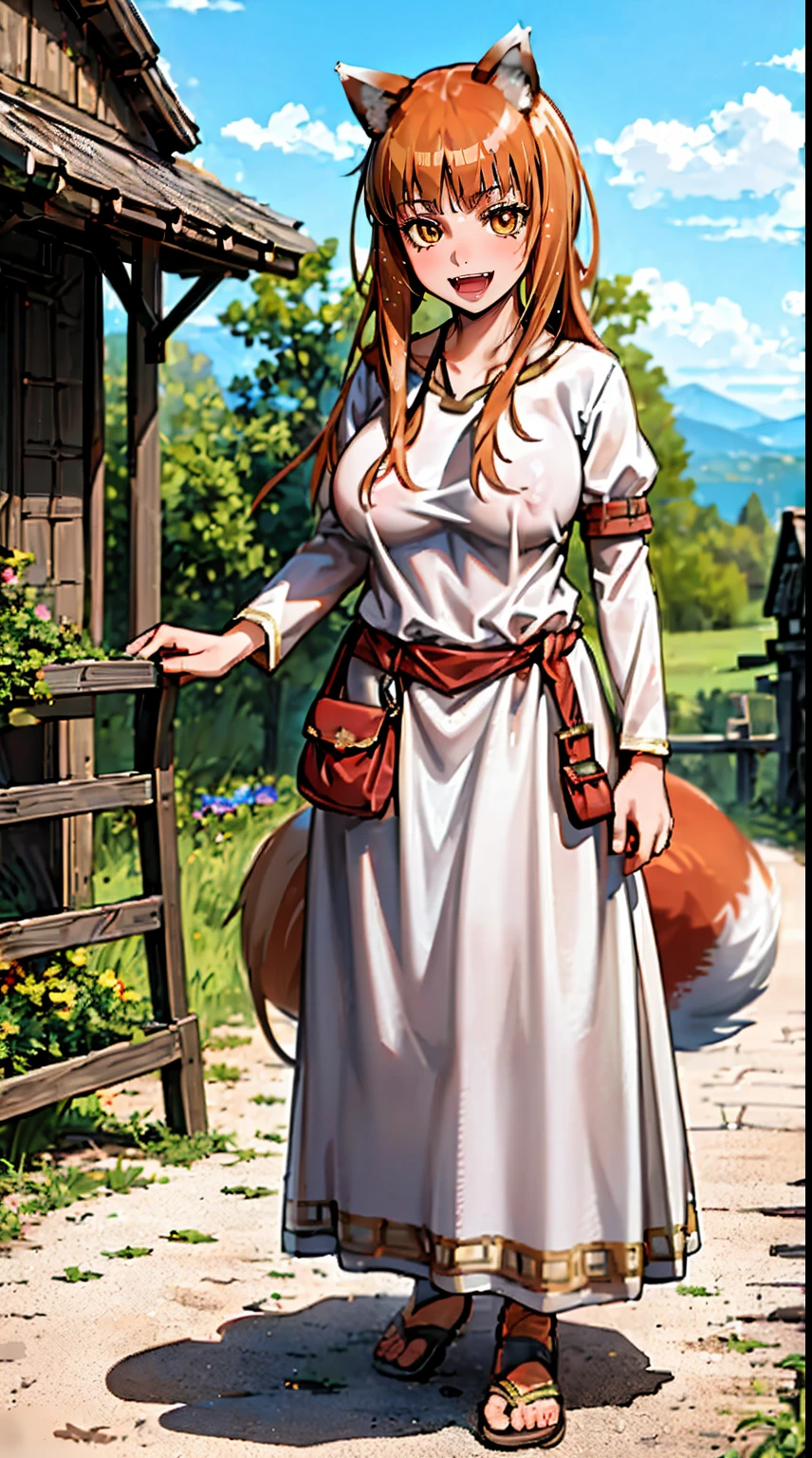 (holo:1.5), (holoBrownDress:1.5), masterpiece, best quality, absurdres, 1girl, looking at viewer, standing, cowboy shot, outdoors, medieval, cobblestone street, town, pouch, sash, smile, fruit, apple, basket,big breast, curvy, silver hair, white hair, full body, flipflops,open mouth smile, fangs,