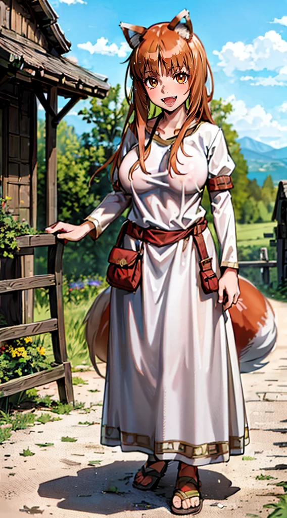(holo:1.5), (holoBrownDress:1.5), masterpiece, best quality, absurdres, 1girl, looking at viewer, standing, cowboy shot, outdoors, medieval, cobblestone street, town, pouch, sash, smile, fruit, apple, basket,big breast, curvy, silver hair, white hair, full body, flipflops,open mouth smile, fangs,