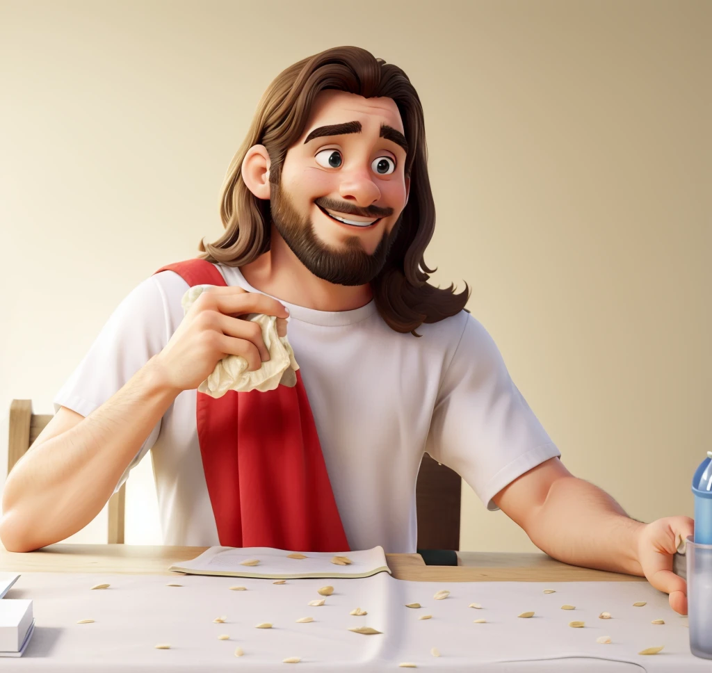 Obra-prima, de melhor qualidade, a young guy,  bonito, vestido de Jesus, cabelos longos, olhos gentis, sorridente, barba mais rala, sentado em um Jantar como se fosse na Santa Ceia