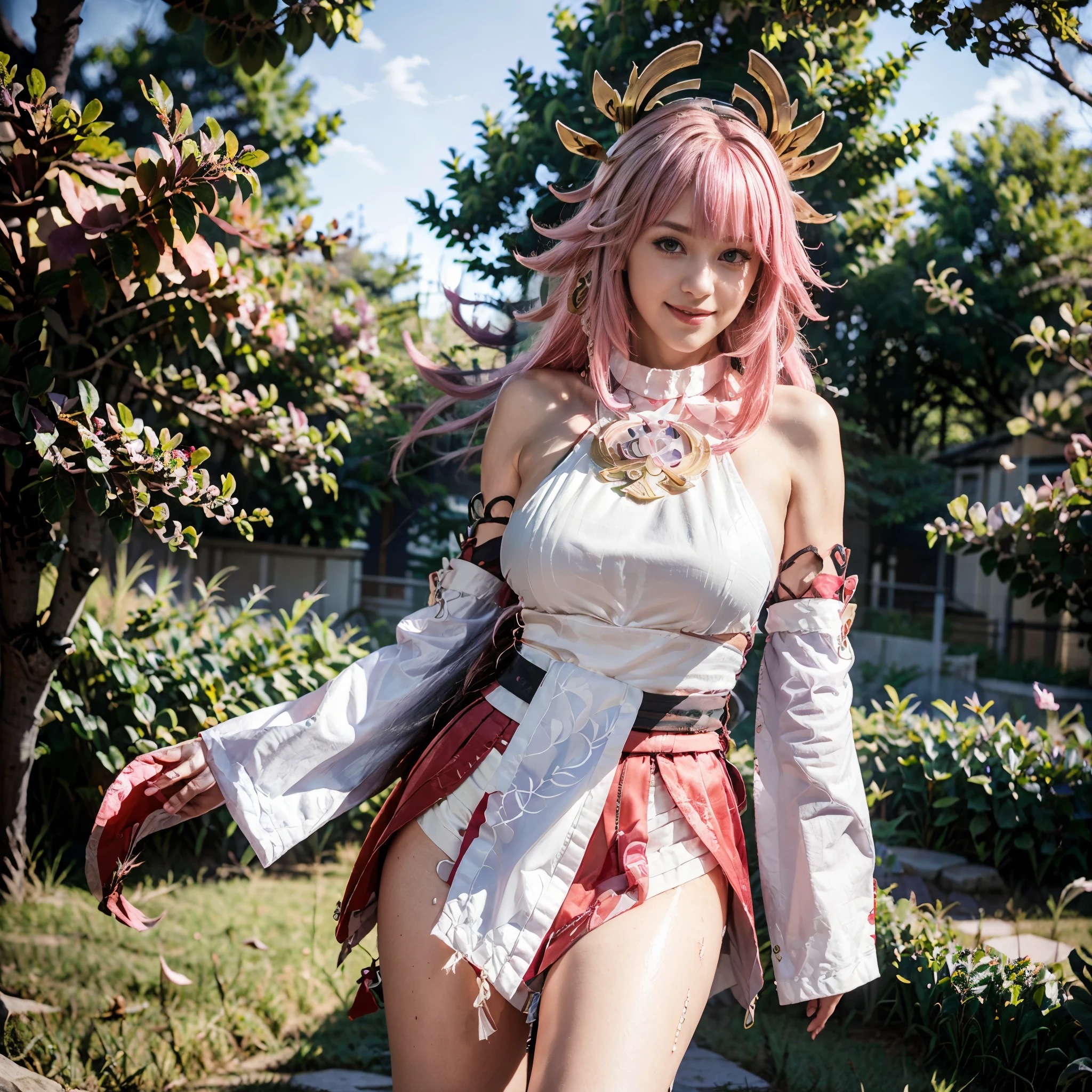 (masterpiece), (best quality), 8k resolution, 1girl, Haruno sakura ,in anime (Naruto) , realistic ,Higt photos HDR ,beautiful girl, stunning beauty, mature female, 30yo, perfect body, nightgown, belly waist chain, smile, indoor, pink short hair ,best quality detail ,perfeck character ,ultra high detail photo ,realistic from anime