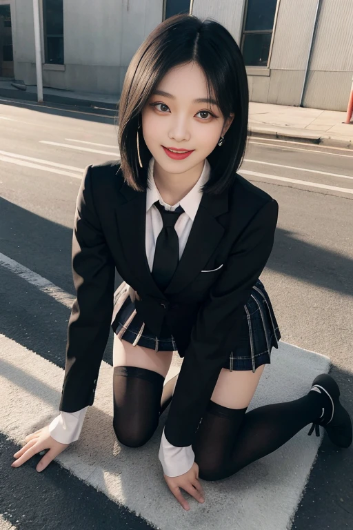 8K RAW photo, high resolution, ful body, 17 year old cool Korean, big round breasts, school uniform, tie, tie ribbon, blazer, skirt, beautiful eyes in detail, long eyelashes, beautiful double eyelids, eye shadow, slit eyes, sanpaku eyes, dark eye makeup, smile, teeth, happy face, beautiful thin legs, ((black long socks)), black hair, straight bob hair, white hairband, round earrings, school background ((on all fours)), dark brown leather school shoes, legs, feets,