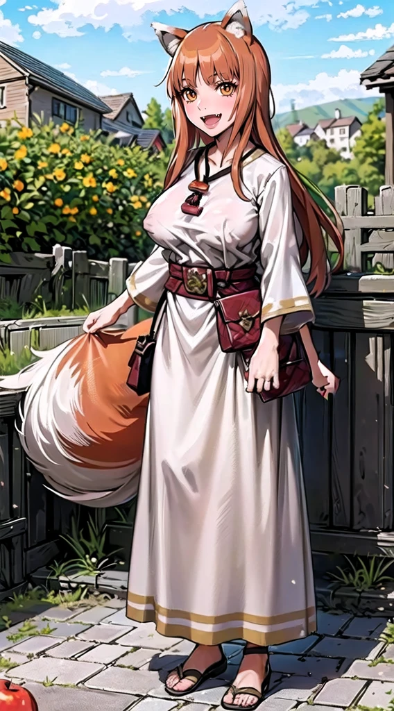 (holo:1.5), (holoBrownDress:1.5), masterpiece, best quality, absurdres, 1girl, looking at viewer, standing, cowboy shot, outdoors, medieval, cobblestone street, town, pouch, sash, smile, fruit, apple, basket,big breast, curvy, silver hair, white hair, full body, flipflops,open mouth smile, fangs,