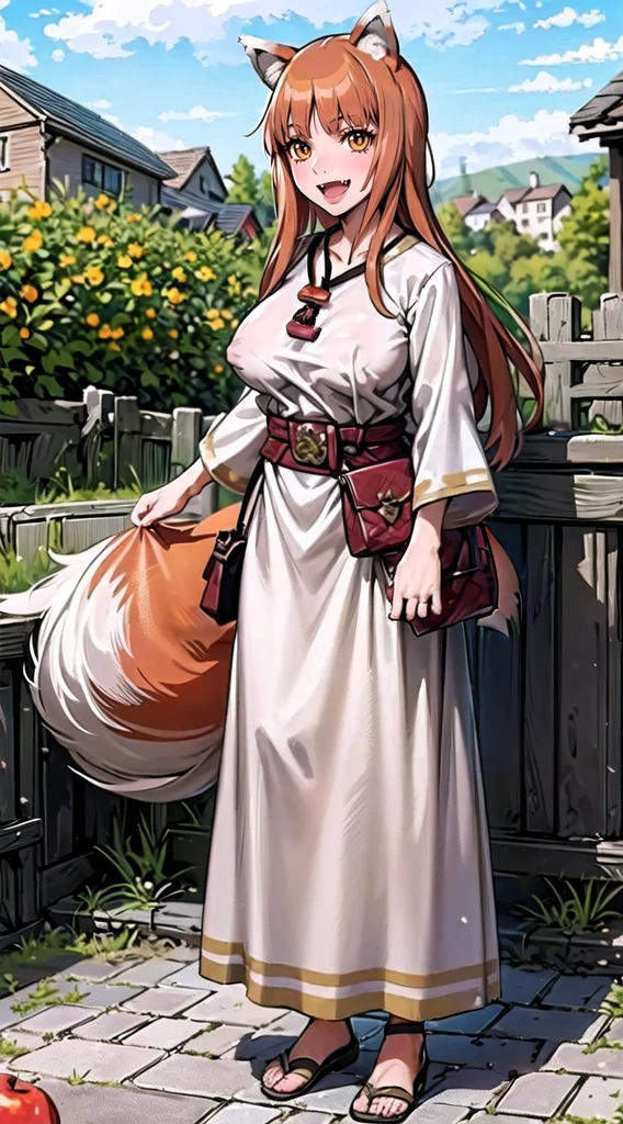 (holo:1.5), (holoBrownDress:1.5), masterpiece, best quality, absurdres, 1girl, looking at viewer, standing, cowboy shot, outdoors, medieval, cobblestone street, town, pouch, sash, smile, fruit, apple, basket,big breast, curvy, silver hair, white hair, full body, flipflops,open mouth smile, fangs,