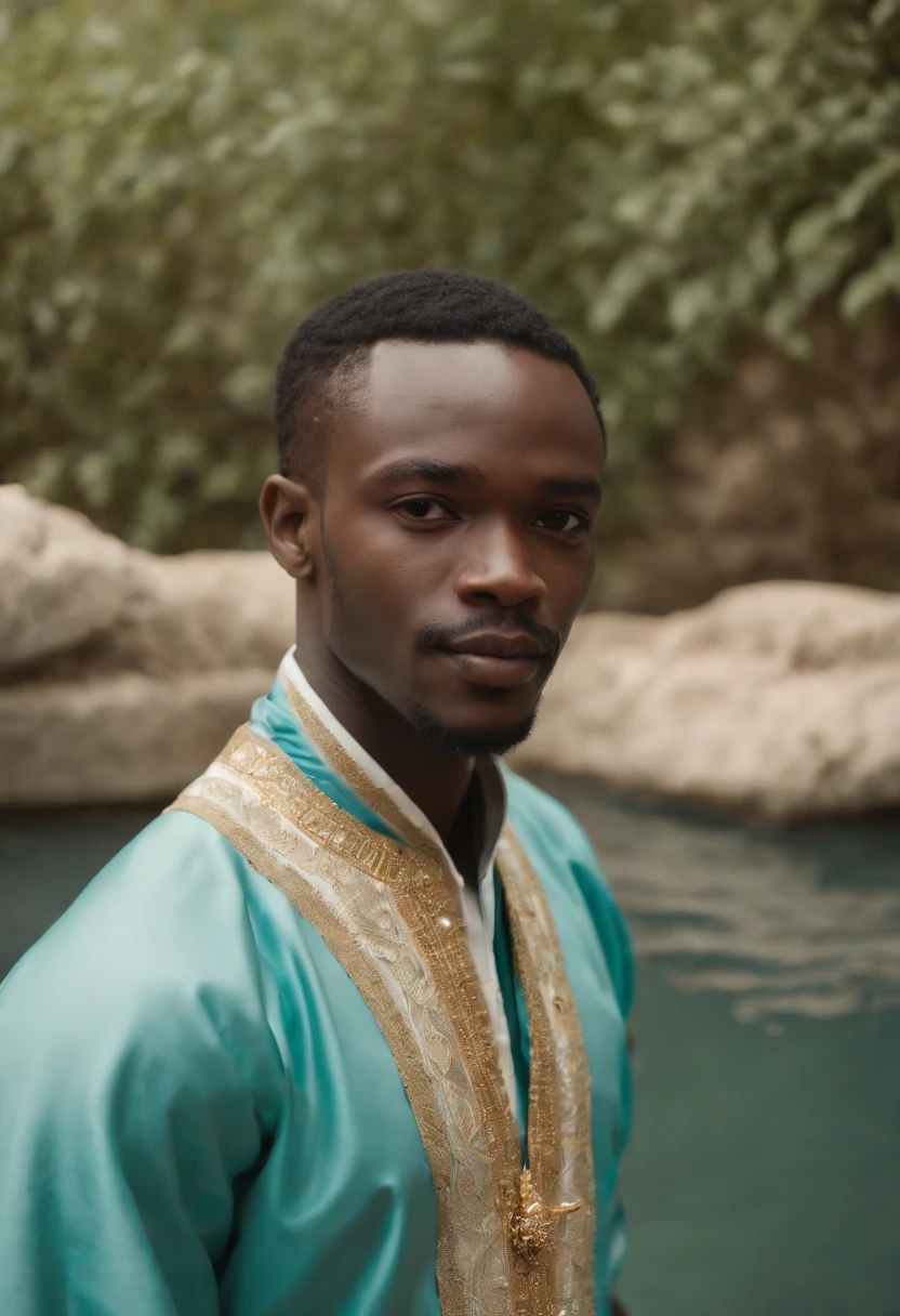 Adekunle is swimming with dolphins in crystal clear waters,original,Prince Adekunle Adebayo, a fictitious Nigerian royal, portrays himself with an aura of elegance and persuasive charm. He’s often seen in opulent, traditional Nigerian robes, his appearance crowned by a confident, yet earnest expression, designed to evoke trust and sympathy.