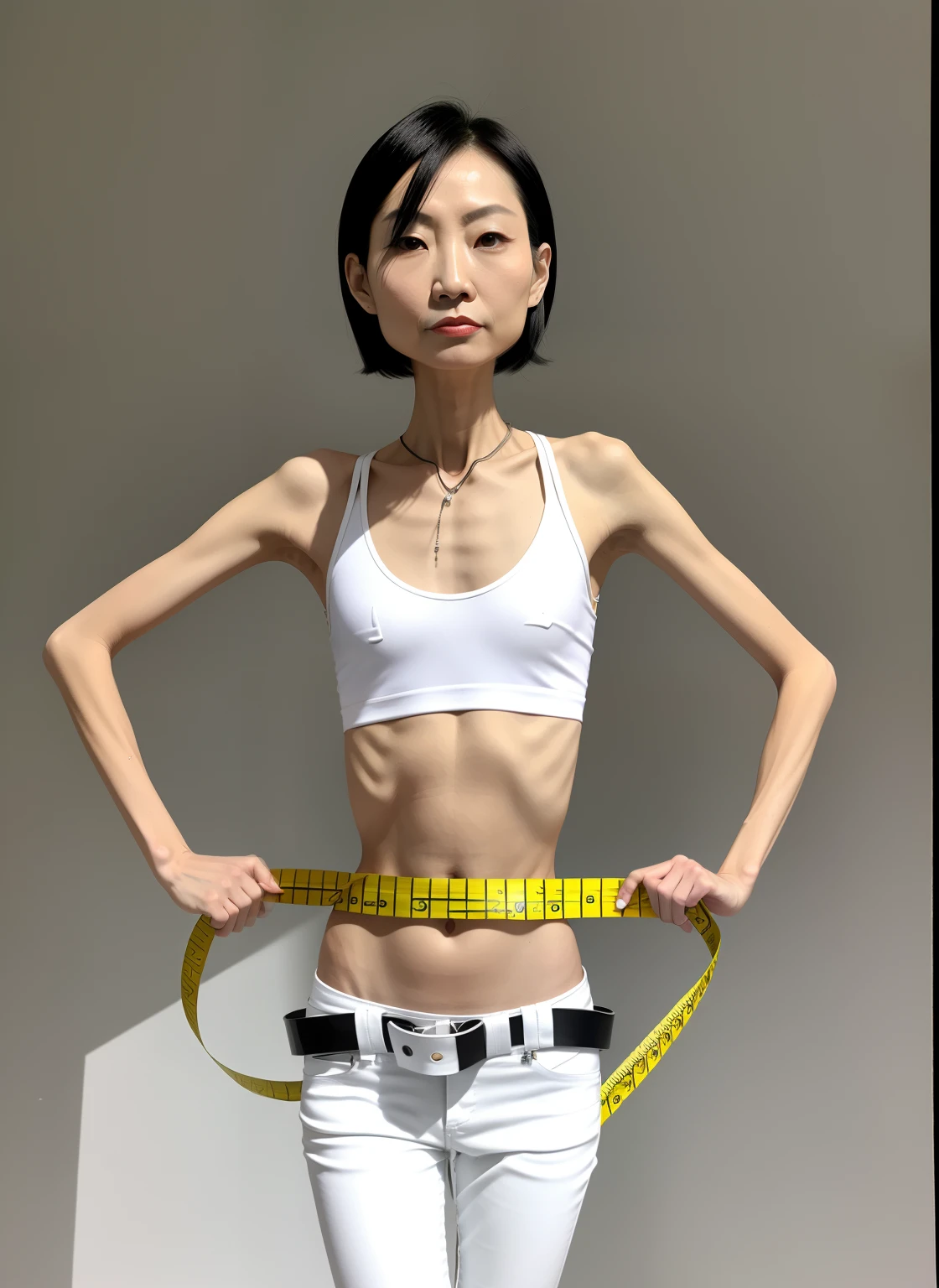 Very thin man, A thin body，Protruding sternum，The waist is very thin，The ribs are noticeable，Protruding ribs，The pelvic protrusion is very obvious，The pelvis is markedly elevated，Fair skin，thin shoulde，The waist is very thin，Sunken abdomen，Delicate arms，sunken lower abdomen，Short hair details，Wear tight leather pants，Asia face，The waist is particularly thin，Measure waist circumference with a tape measure，angry look，Excessive weight loss，The face is sunken and thin，Severe malnutrition，weak man，Skinny