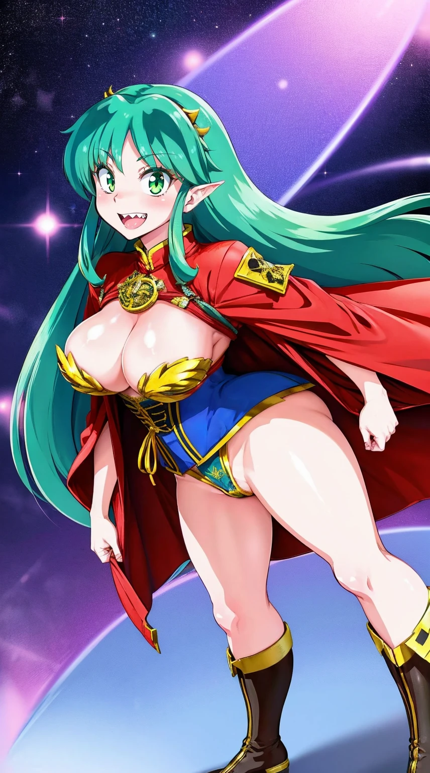 masterpiece, best quality,, corset, plate,lum, , urusei yatsura, cloak, pants, pullover kimono,martial pov,, pantyhsharpteeth, standing,smile, matial art,, full body, boots , pant, medium breast, panllover,martial pov,god rays, ray tracing, sparkle, cinematic lighting, UHD, retina, masterpiece, ccurate, anatomically correct, textured skin, super detail, high details, high quality, award winning, best quality, highres, 1080P, HD, 4K, thunder aura, light aura, sharpteeth,, super powers, full body, standing, kimono,woman-medieval-clothes, fangs, smile, green hair,, teeth, big breast, long hir