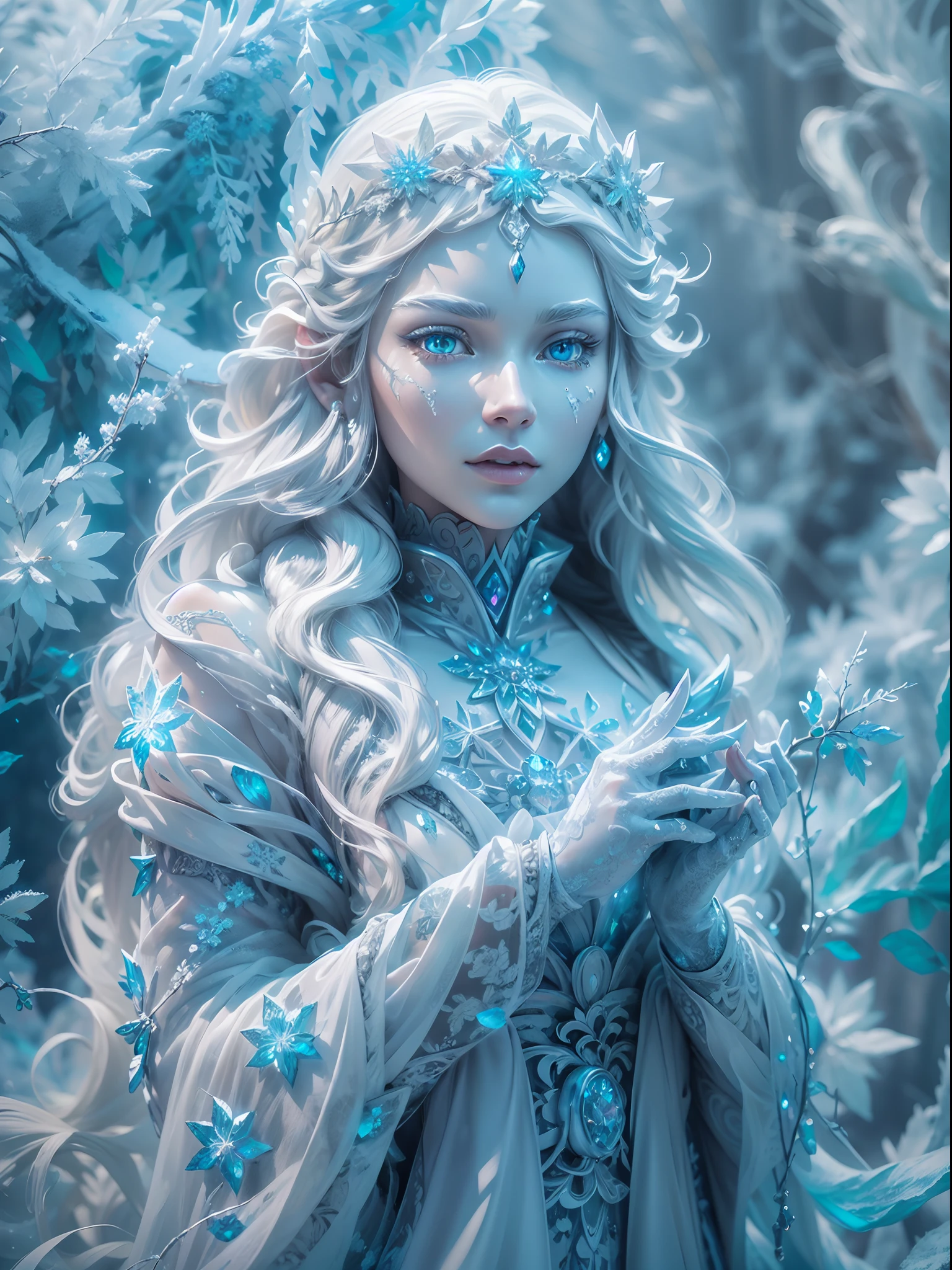 (a vibrant,cool,surreal)ice girl 3d sculpture, detailed and lifelike(the girl with long flowing silver hair and bright glowing eyes) with(details include)beautifully carved ice crystals on her gown and a (intricate)staff made of ice(carrying intricate ice engravings) emitting a soft glow. The sculpture is surrounded by a thick mist of cool smoke(creating an ethereal atmosphere), and the background depicts a snowy landscape with(icy trees and sparkling frozen flowers) adding to the magic. The entire scene is captured in a realistic detailed shot(allowing the viewer to appreciate every intricacy of the sculpture) with(24K resolution and vivid, vibrant colors). This artwork is of the best quality, deserving to be part of any masterpiece collection and a true award-winning artwork.