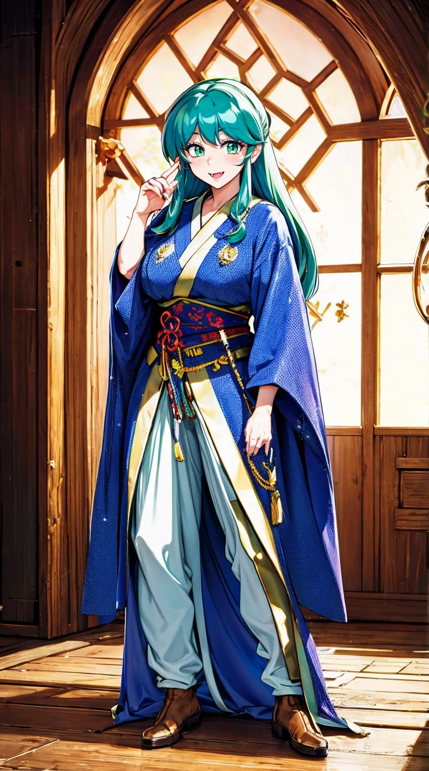 masterpiece, best quality,, corset, breastplate,lum, , urusei yatsura, cloak, pants, pullover kimono,martial pov,, pantyhose, sharpteeth, standing,smile, matial art,, full body, boots , pant, medium breast, pants, pullover,martial pov,god rays, ray tracing, sparkle, cinematic lighting, UHD, retina, masterpiece, ccurate, anatomically correct, textured skin, super detail, high details, high quality, award winning, best quality, highres, 1080P, HD, 4K, thunder aura, light aura, sharpteeth,, super powers, full body, standing, kimono,woman-medieval-clothes, fangs, smile, green hair,, teeth, t, long hair