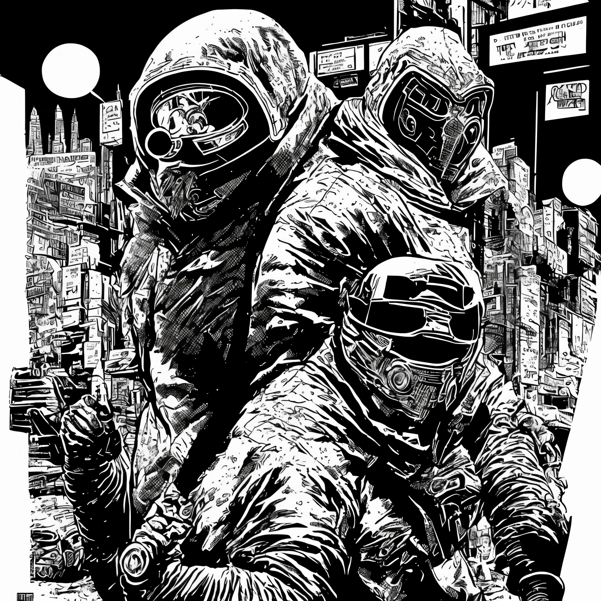 character] An illustration of the rapper MF DOOM in the streets of New York, art inspired by old comic book style, drawn by Jack Kirby, Stan Lee, Alberto Mielgo, toon shading, halftone texture