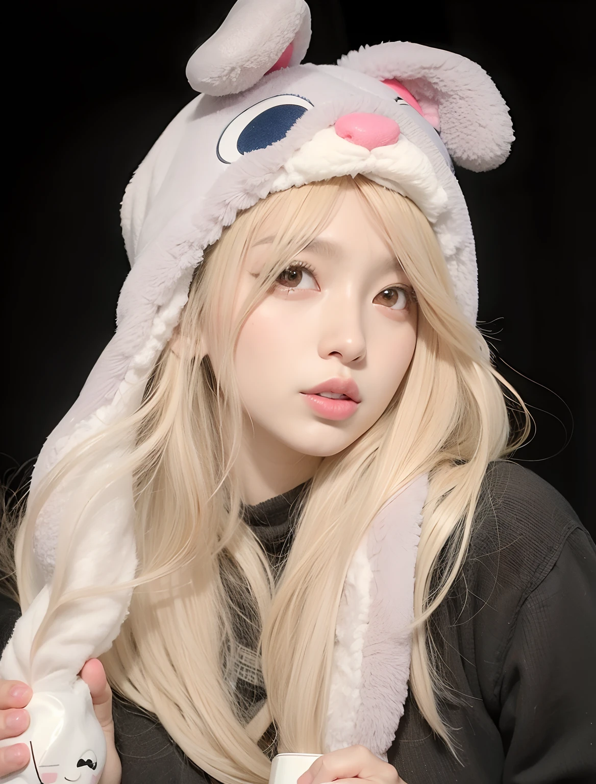 Araffe wearing a furry hat with ears and eyes, with long floppy rabbit ears, Lalisa Manobal, Parque Roseanne do Blackpink, Ulzzang, com orelhas de coelho, Lalisa Manoban do Blackpink, Sakimichan, ultrarrealista doce coelhinho menina, com orelhas de coelho grandes, com orelhas de coelho, tzuyu de duas vezes