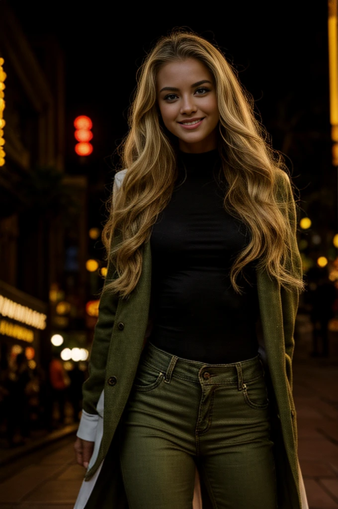 UHD, masterpiece, 1 gorgeous blonde woman with long wavy hair wearing black shirt, tight green pants, and long wool coat, 23 ans, she’s a playboy magazine model, in front of the Chinese theater in Los Angeles (at night:1.0), sexy pose, flirts with camera, smile, happiness, canon 85 mm, Light depth of field, Kodak Ektar 200, perfect fit body, extreme details ,UHD
